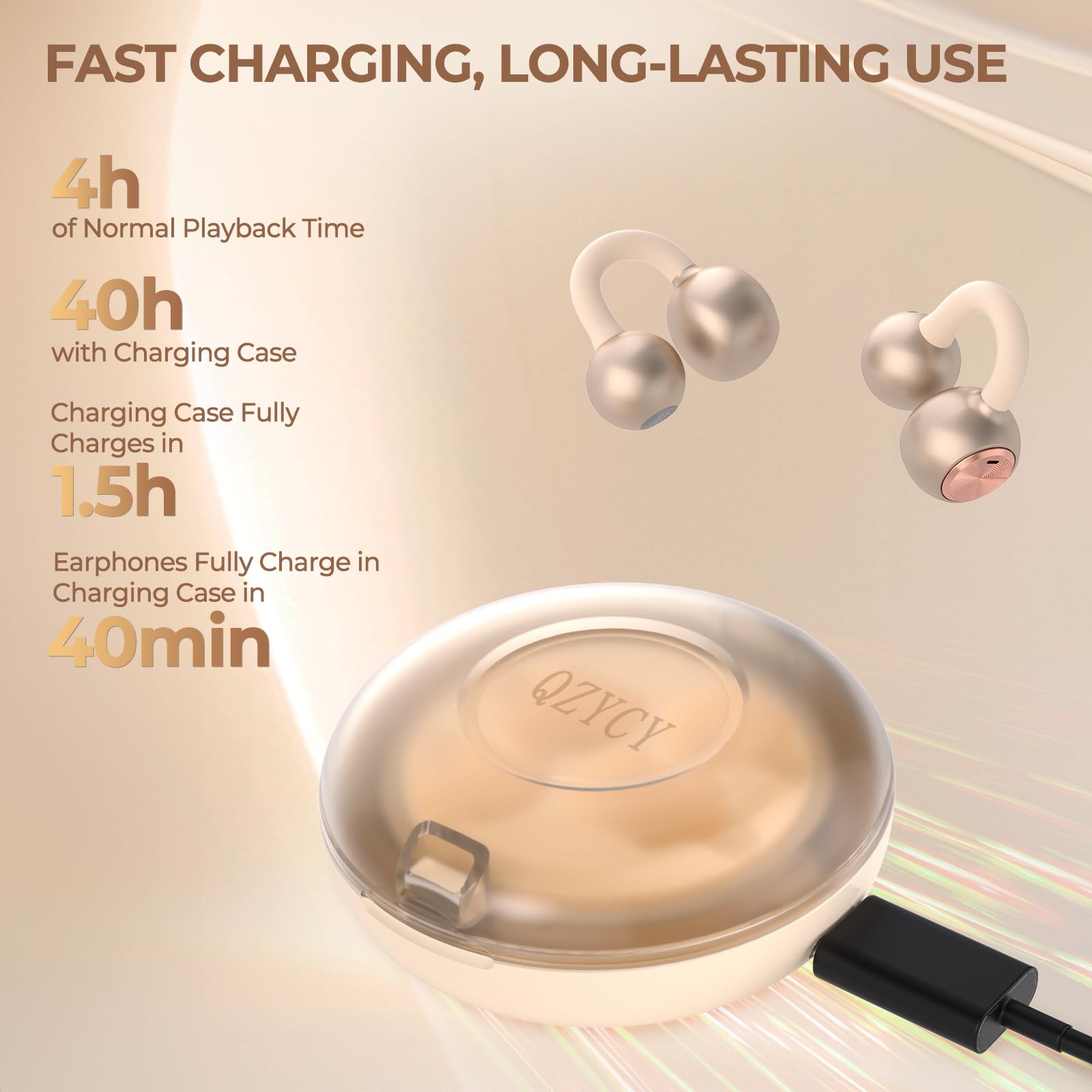 QZYCY Clip On Earbuds Open Ear Headphones - No Hurt Ears, Wireless 5.4 Earphone with Mic, 40H Playtime, Premium Audio, Charging Case Lighting Effects, for Office, Sports, Gold - DL3 thumbnail 5