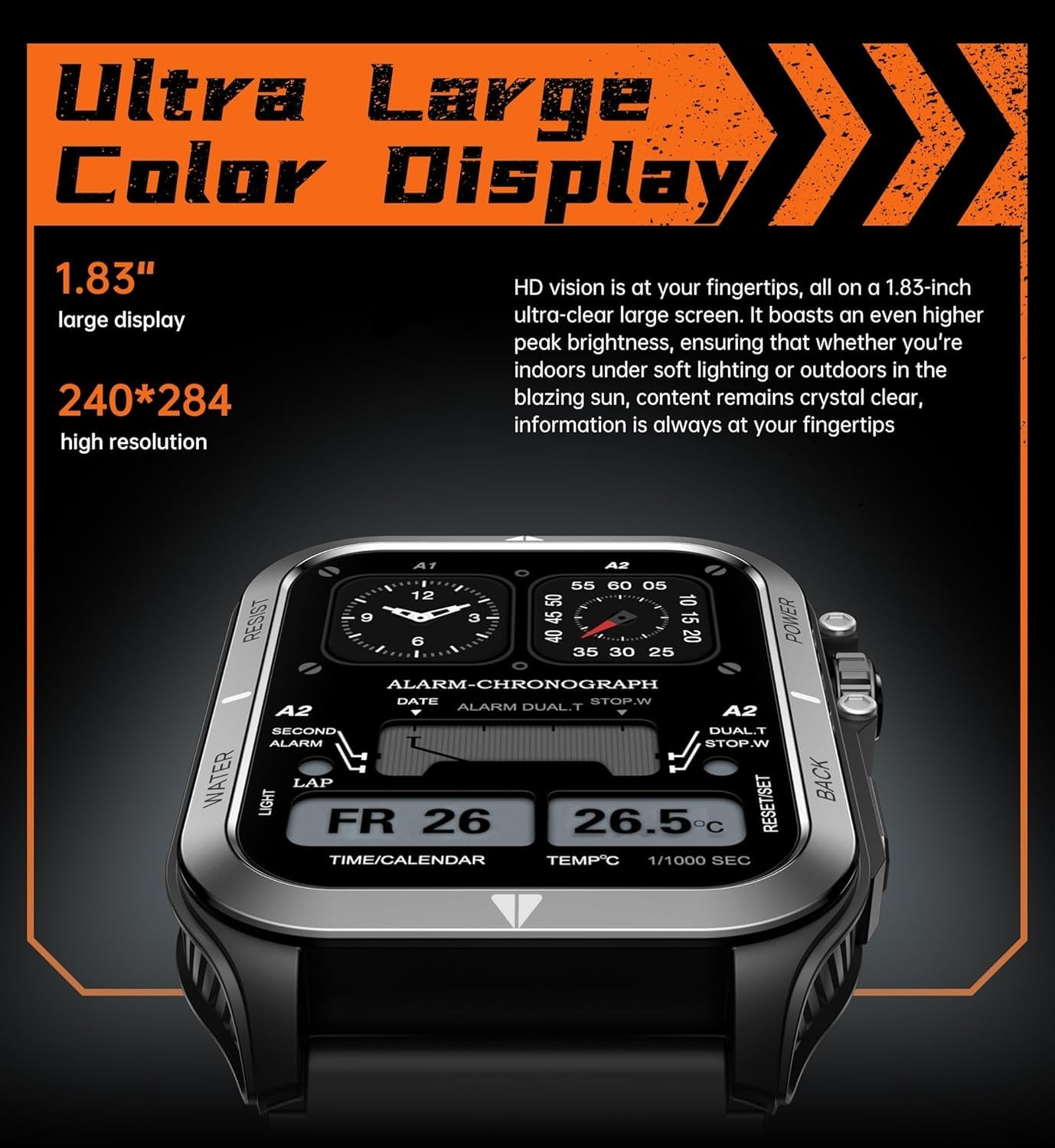 Smart Watches for Men, 1.83'' Rugged Military Smartwatch with Bluetooth Call, IP68 Waterproof Fitness Watch Tracker with 100+ Sports Modes, Flashlight, Tactical Smartwatch for Android iPhone (Black) thumbnail 2