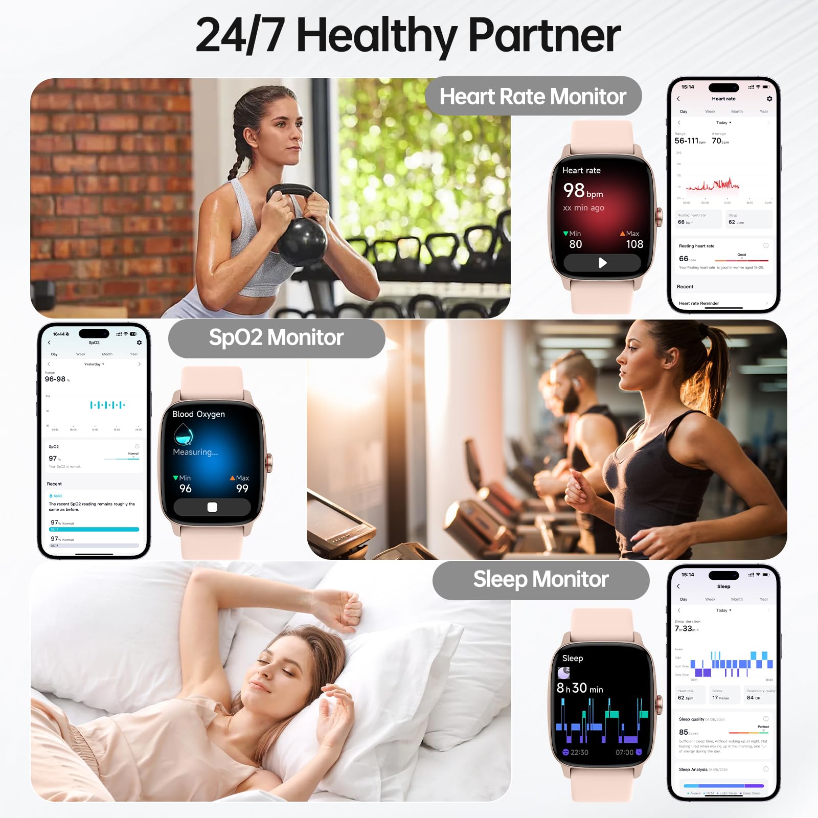 Smart Watches for Women Men with Bluetooth Call &amp; AI Voice, 1.85" HD Fitness Tracker with Heart Rate SpO2 Sleep Monitor, 100+ Sports Modes,Mini Games, IP68 Waterproof Smartwatch for Android iOS Phones thumbnail 4
