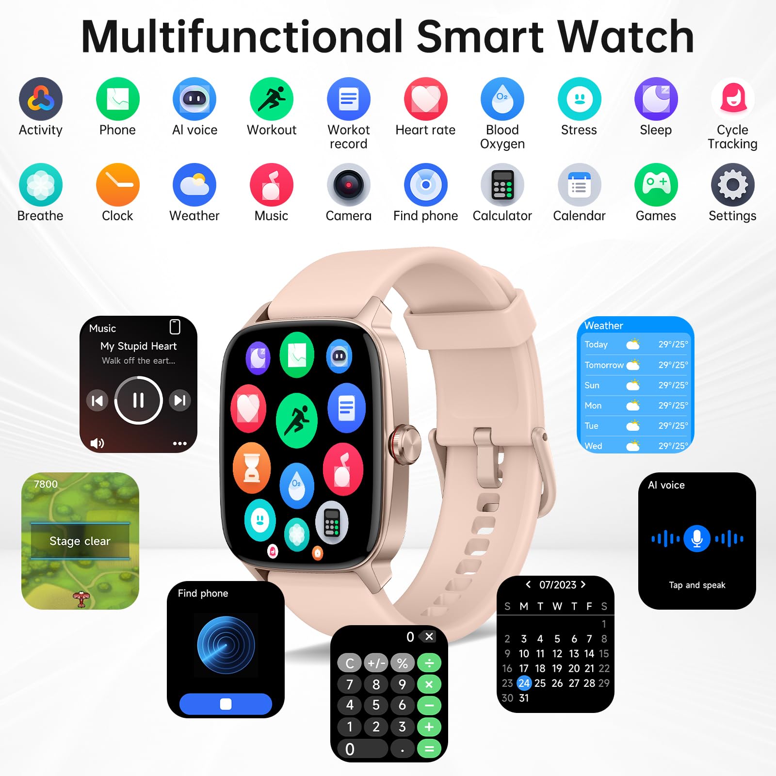 Smart Watches for Women Men with Bluetooth Call &amp; AI Voice, 1.85" HD Fitness Tracker with Heart Rate SpO2 Sleep Monitor, 100+ Sports Modes,Mini Games, IP68 Waterproof Smartwatch for Android iOS Phones thumbnail 5