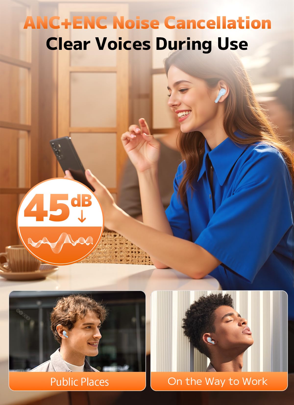 Szwdo Wireless Earbuds, ANC/ENC Noise Cancelling Ear Buds with Smart Touchscreen Case, 48H Playtime for Sports &amp; Working, Bass Stereo Sound, Bluetooth 5.4 Headphones for iPhone/Android thumbnail 5