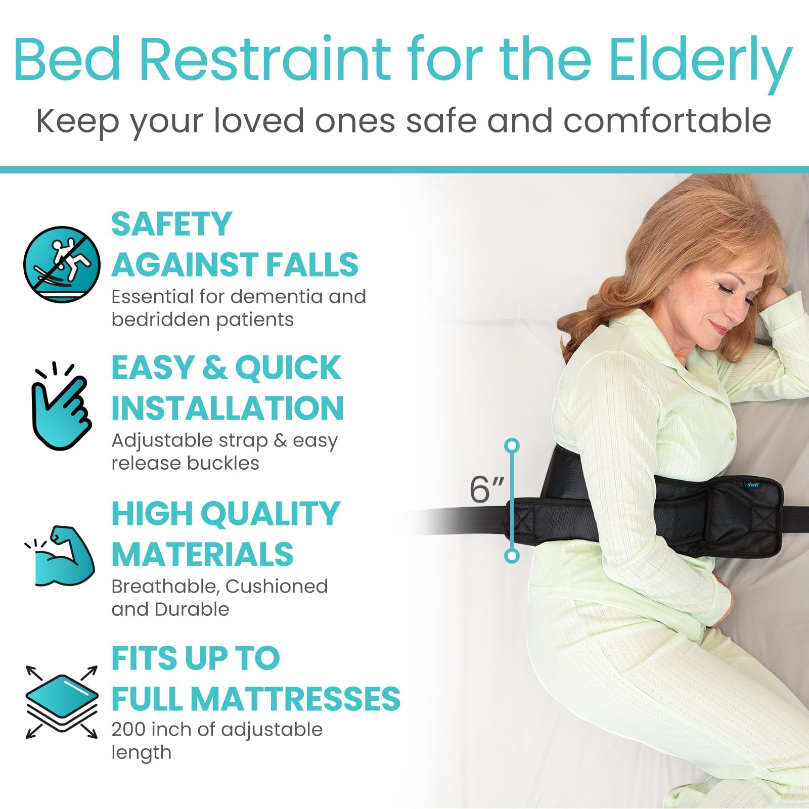Vive Bed Restraints for Elderly Dementia Patients - Safety Belt for Wheelchair &amp;Bed - Fall Prevention Device for Seniors - Adjustable Strap and Cushioned Waist Belt for Hospital Caregivers thumbnail 2