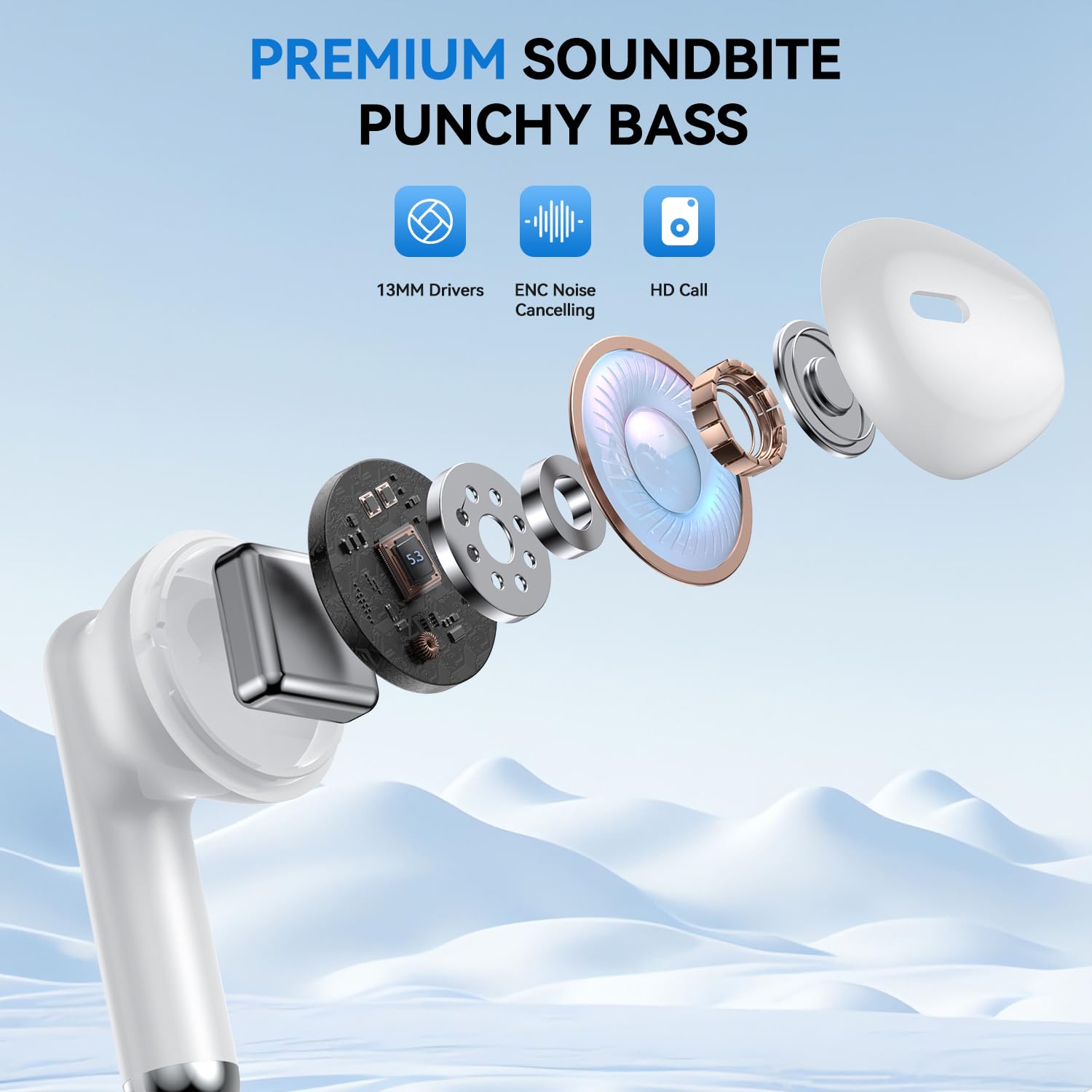 Wireless Earbuds, 2025 Bluetooth 5.4 Bass Stereo Headphones with 4 ENC Mic, 50H Playback Ear Buds with Charging Case LED Display,Sport Earphones IPX7 Waterproof for Phone, Android, Pad, White thumbnail 2