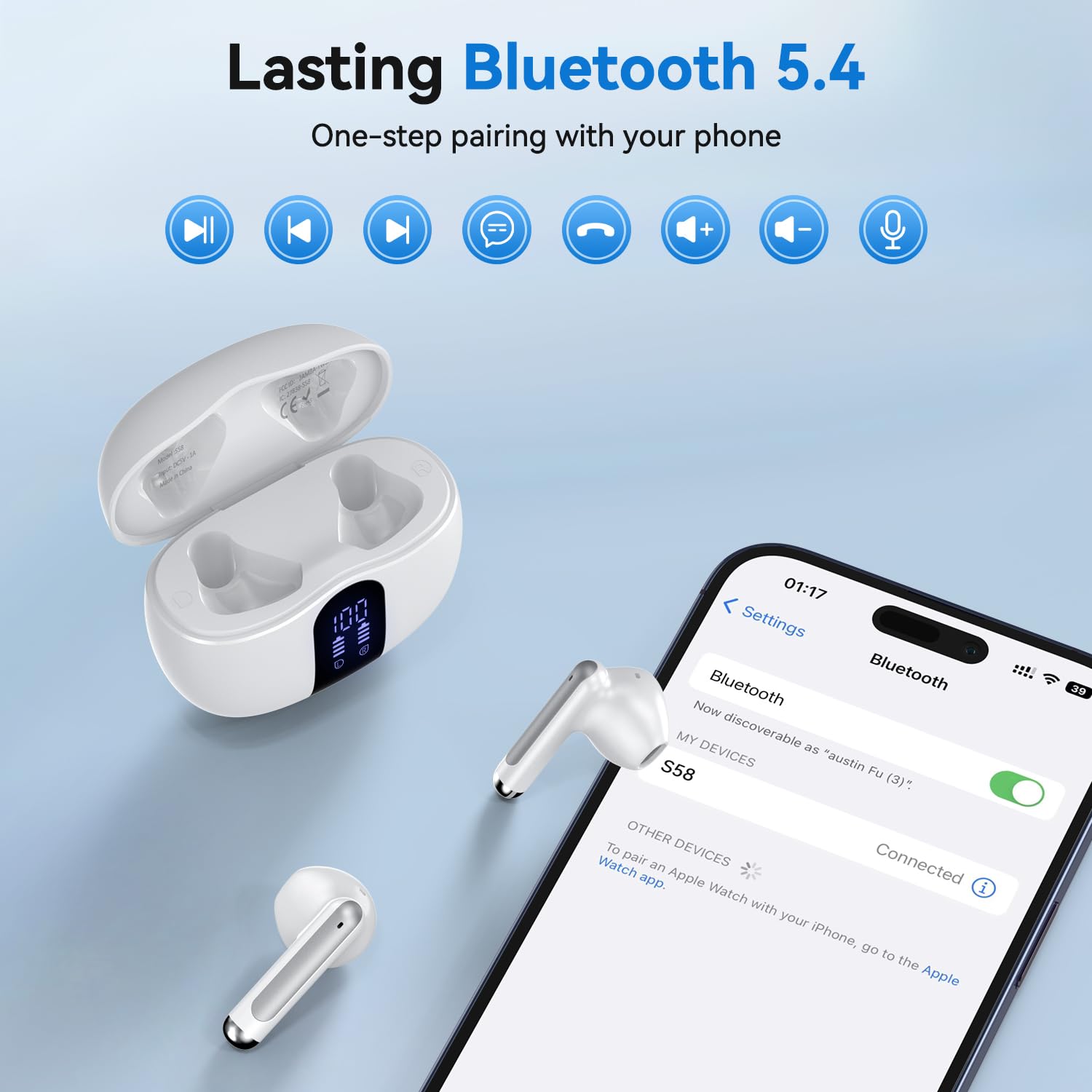Wireless Earbuds, 2025 Bluetooth 5.4 Bass Stereo Headphones with 4 ENC Mic, 50H Playback Ear Buds with Charging Case LED Display,Sport Earphones IPX7 Waterproof for Phone, Android, Pad, White thumbnail 3