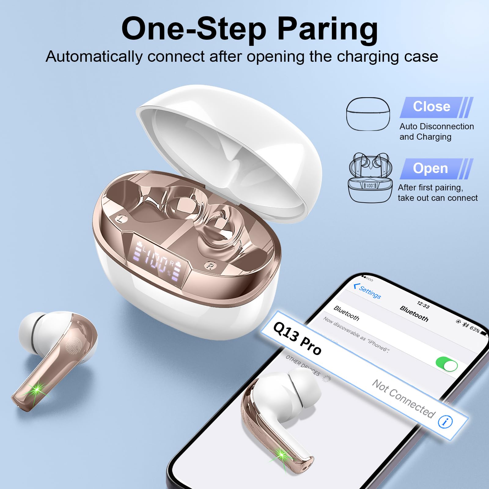 Wireless Earbuds, Bluetooth 5.4 Headphones in Ear, True Wireless Ear Buds HiFi Stereo Deep Bass with 4 ENC Noise Cancelling Mic, Bluetooth Ear Buds 47H Long Playtime LED IP7 Waterproof USB-C (Black) thumbnail 3