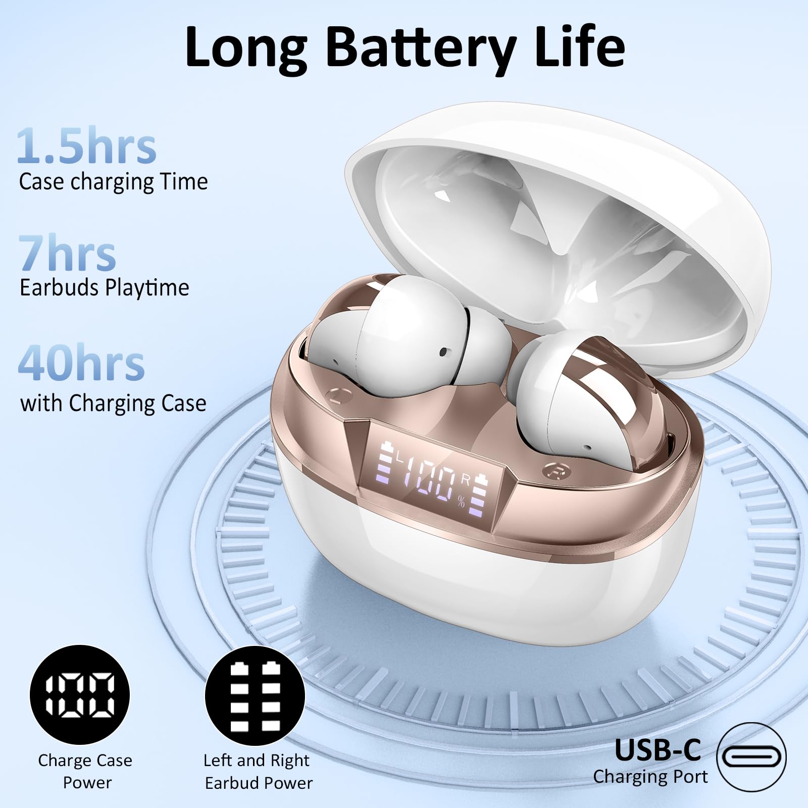 Wireless Earbuds, Bluetooth 5.4 Headphones in Ear, True Wireless Ear Buds HiFi Stereo Deep Bass with 4 ENC Noise Cancelling Mic, Bluetooth Ear Buds 47H Long Playtime LED IP7 Waterproof USB-C (Black) thumbnail 4