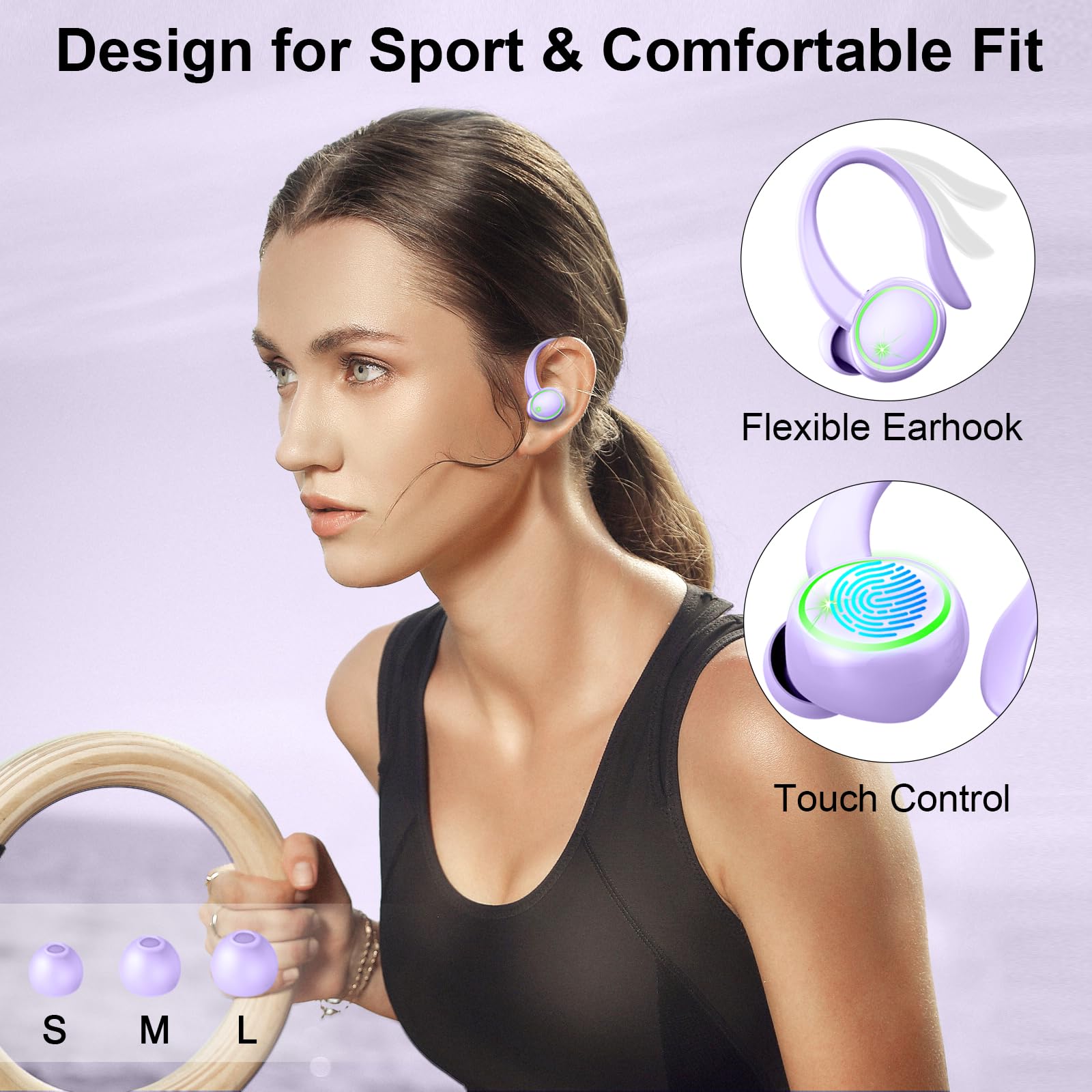Wireless Earbuds, Bluetooth Headphones Sports, Deep Bass Fitness Earphones Gym Running, Waterproof Headset with Earhook Workout, Playback Over-Ear Buds with ENC Noise Cancelling Mic thumbnail 4