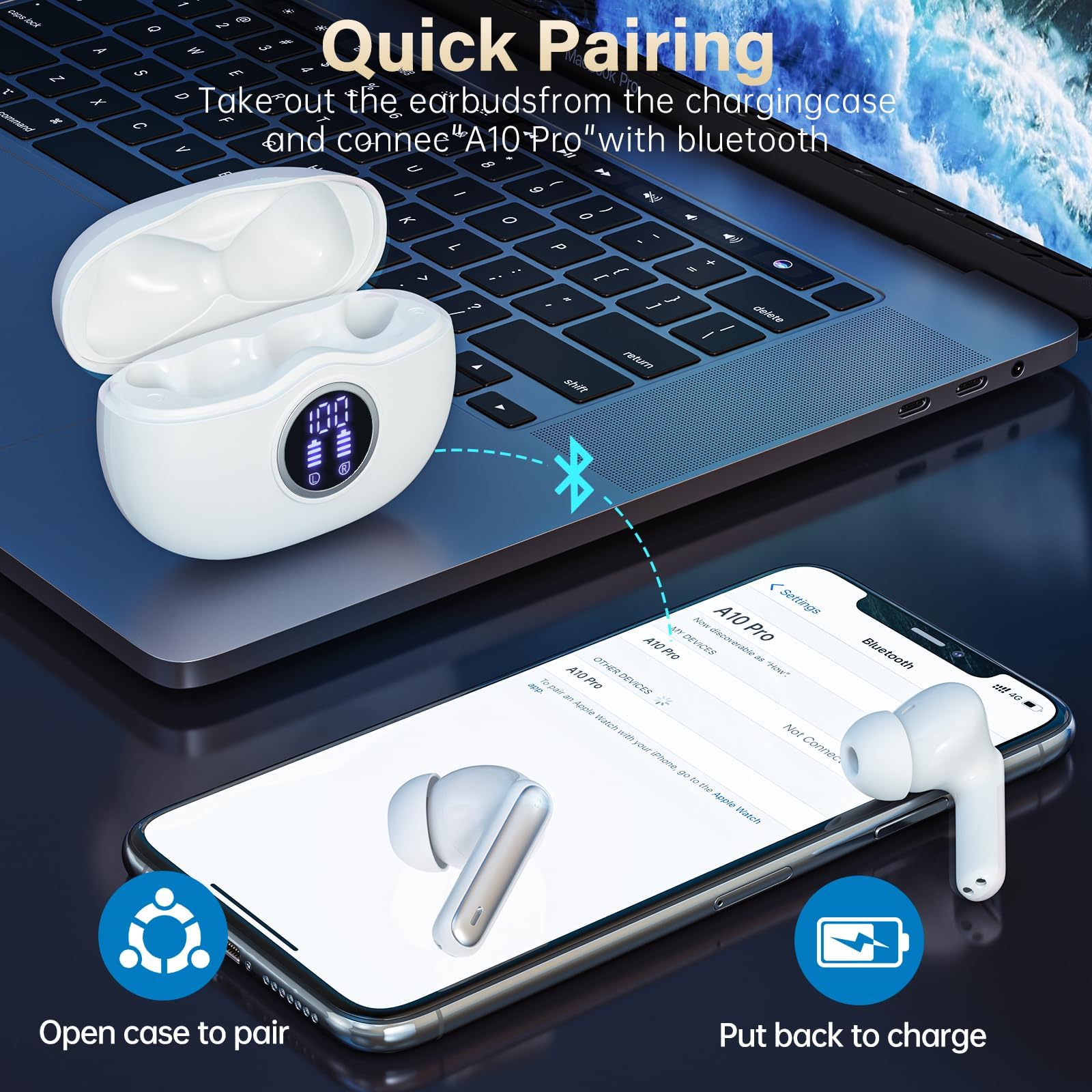 Fhumsh A10 Pro Wireless Earbuds, Bluetooth 5.3 Headphones HiFi Stereo 50H Playback LED Digital Display Ear Buds with ENC Noise Canceling Headset, IPX7 Waterproof Earphones for Gym/Running/Work, Black thumbnail 2