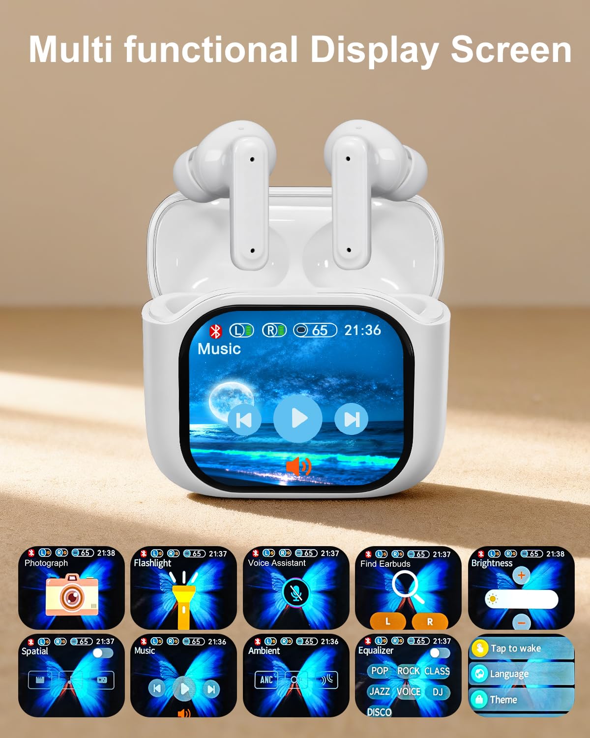 Handzee Smart Earphones with Touchscreen, Touch Screen Earbuds, Wireless Headphones Bluetooth 5.4, Touch Buds with LED Screen, ANC/ENC Noise Cancelling, 48H Playtime, for Work, Sport (White) thumbnail 2