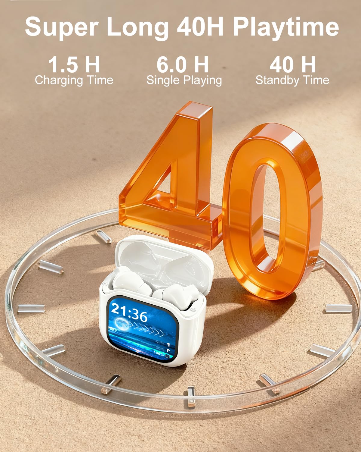 Handzee Smart Earphones with Touchscreen, Touch Screen Earbuds, Wireless Headphones Bluetooth 5.4, Touch Buds with LED Screen, ANC/ENC Noise Cancelling, 48H Playtime, for Work, Sport (White) thumbnail 4