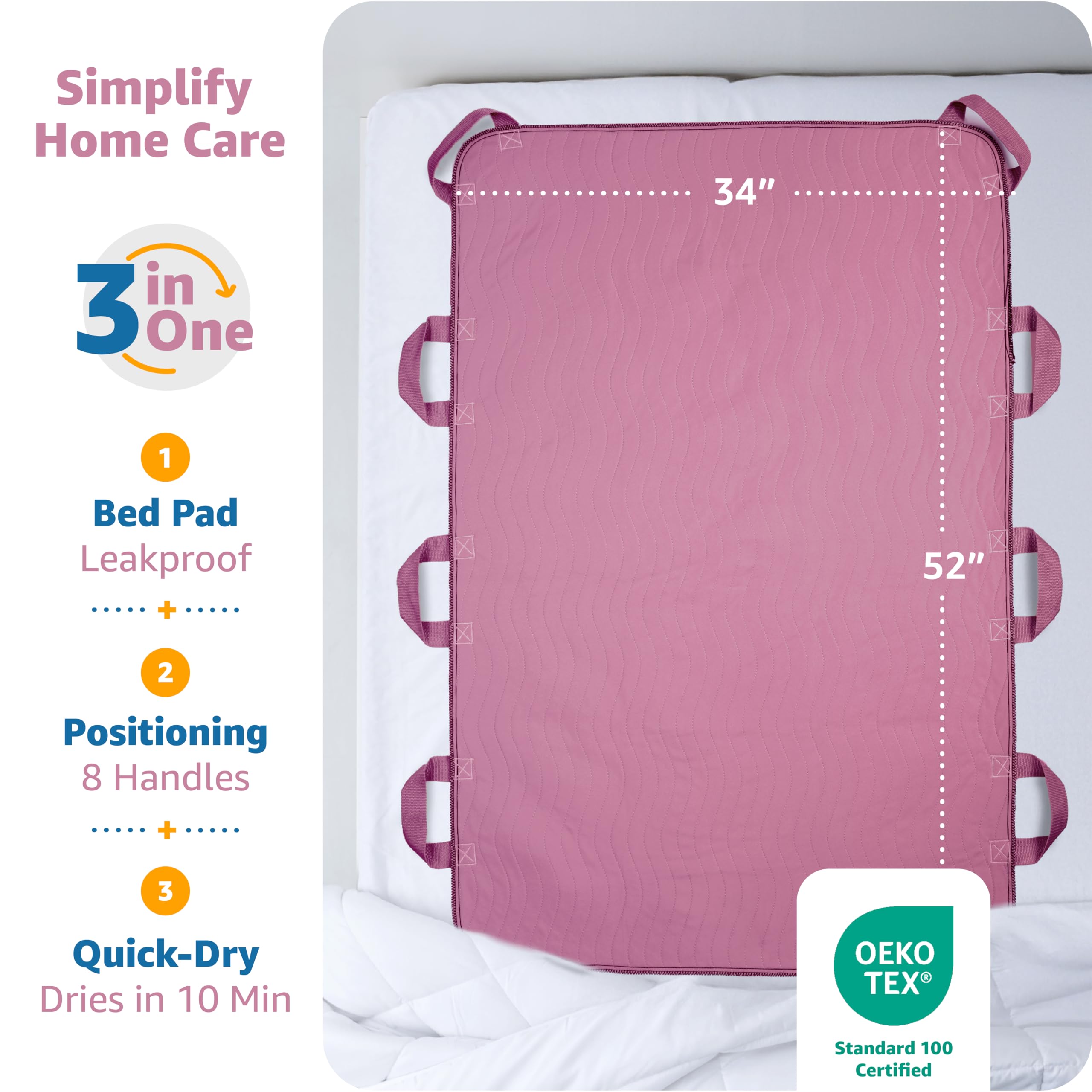 Improvia Positioning Bed Pad, with 8 Reinforced Handles, Quick-Drying, Washable, Waterproof, for Lifting, Turning, Transfering, Elderly and Incontinence Patients (Pink, 34" x 52" - Pack of 1) thumbnail 2