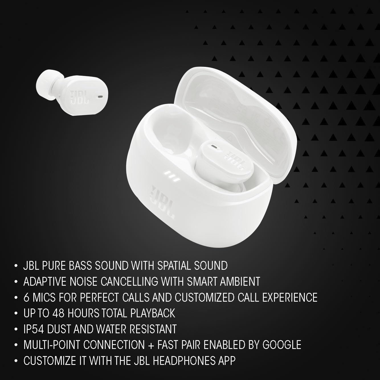 JBL Tune Buds 2 - True Wireless Noise Cancelling Earbuds Spatial Sound and Smart Ambient Technology, 6 mics for Perfect Calls, up to 48Hrs of Playback, IP54 Dust &amp; Water Resistant (White) thumbnail 5
