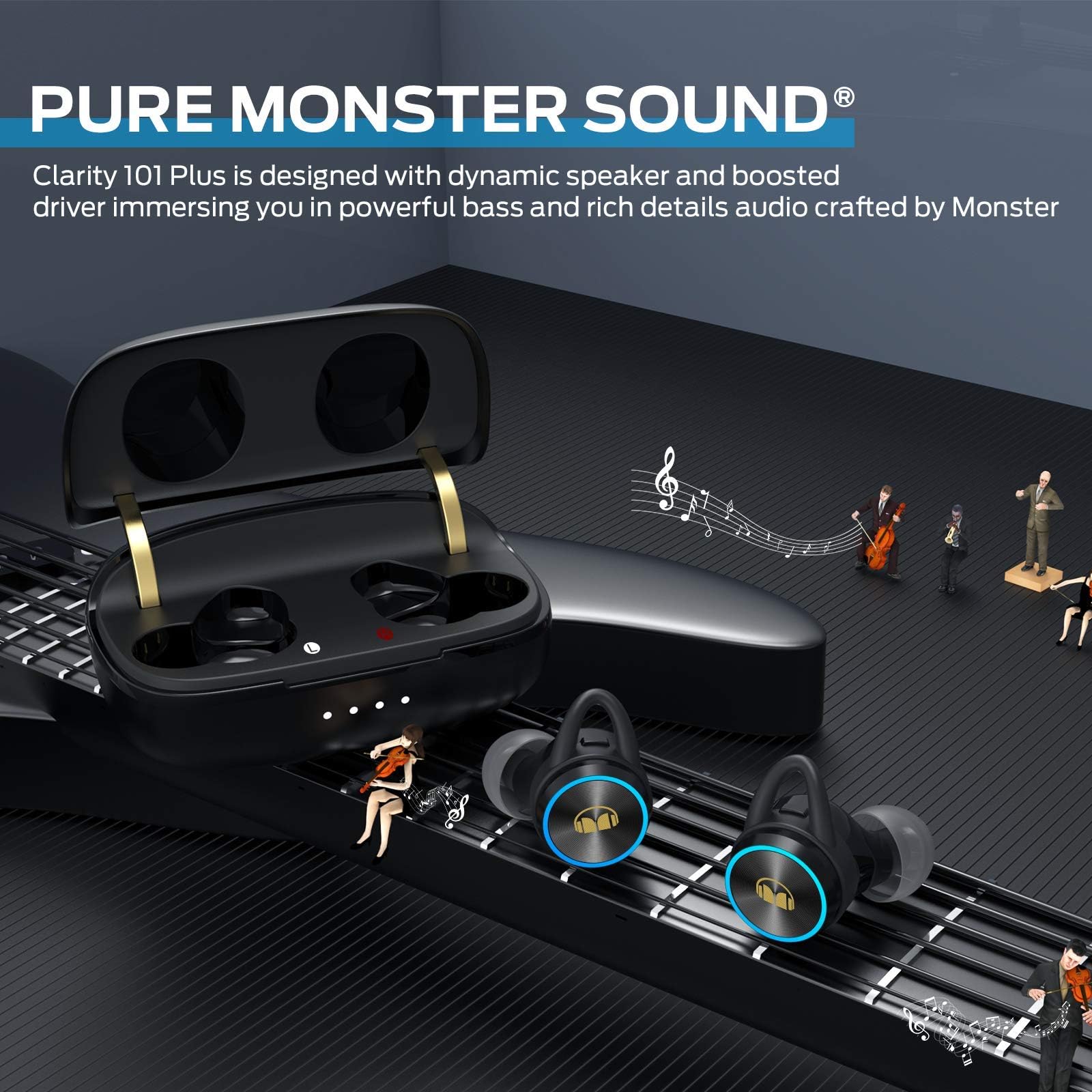 Monster Clarity 101Plus AirLinks Wireless Earbuds, Bluetooth 5.0 in-Ear Headphones with Charging Case, Stereo Earphones Deep Bass Sound, Built-in Mic, Clear Call, Water Resistant Design for Sports. thumbnail 3