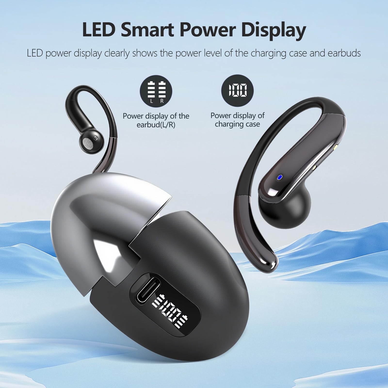 Open Ear Clip Wireless Earbuds Bone Conduction Headphones, Bluetooth 5.4, Open Ear Design, Built-in Mic, IPX7 Waterproof, LED Display Charging Case,Ear Hooks Ear Buds,Design for Running Walking Black thumbnail 2