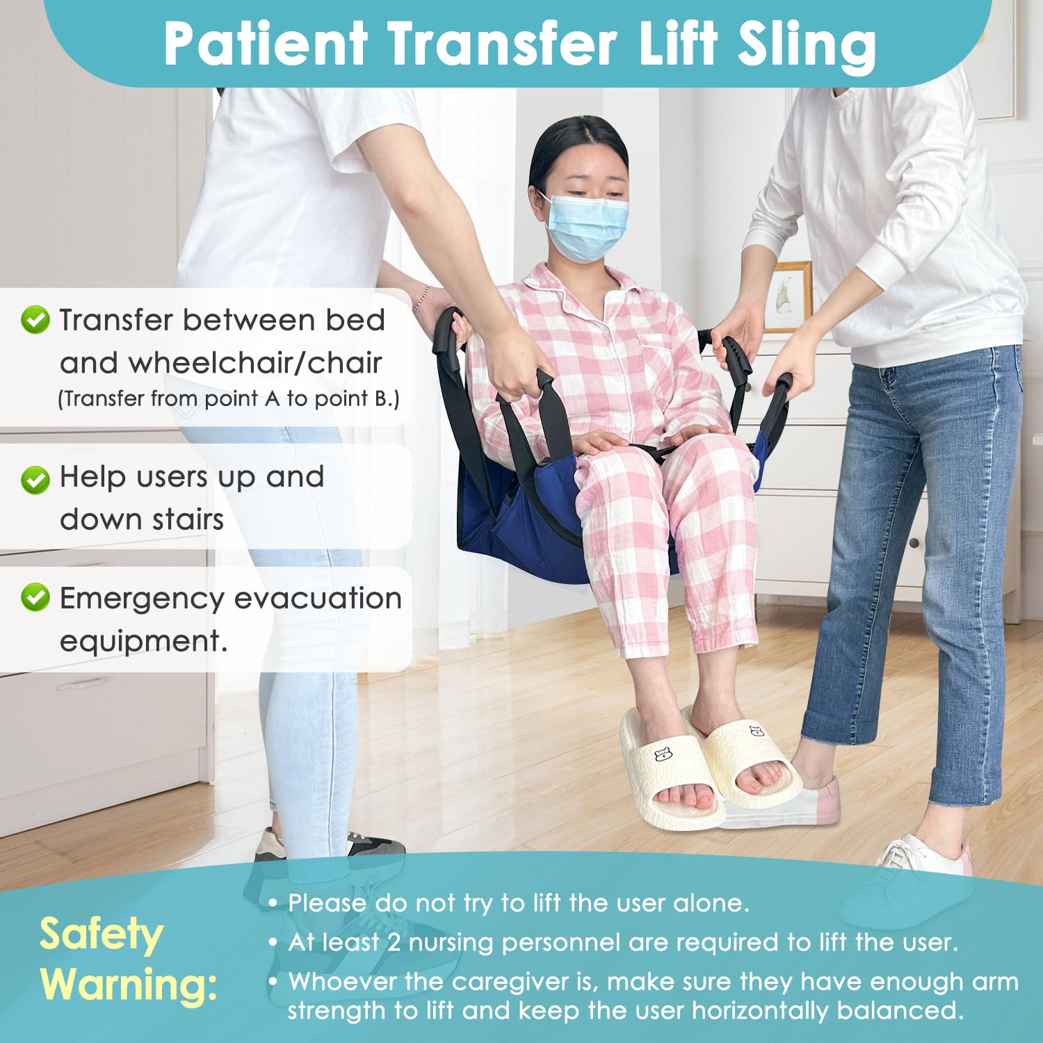 Patient Lift Transfer Belt from Bed to Wheelchair Stair Transfer Emergency Evacuation Chair Pad Safety Medical Lifting Sling Slide Board Transferring for Elderly, Disabled, Adults (Blue - 4 Handles) thumbnail 2