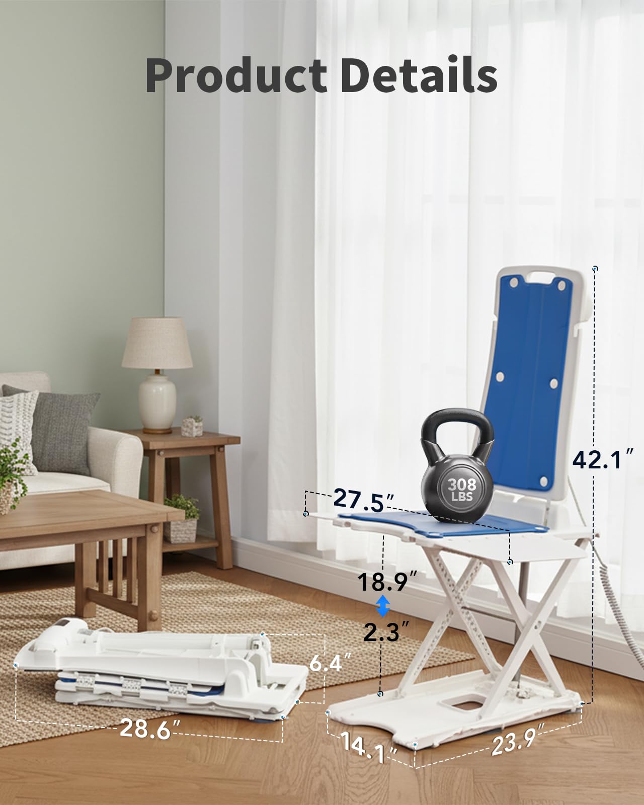 PERLECARE Electric Chair Lift – 308 lbs Floor Lift for Elderly Falls, IP68 Waterproof Bath Lift for Tub, Foldable &amp; Wireless Rechargeable Design, Remote Control, for Fall Recovery &amp; Home Care thumbnail 2