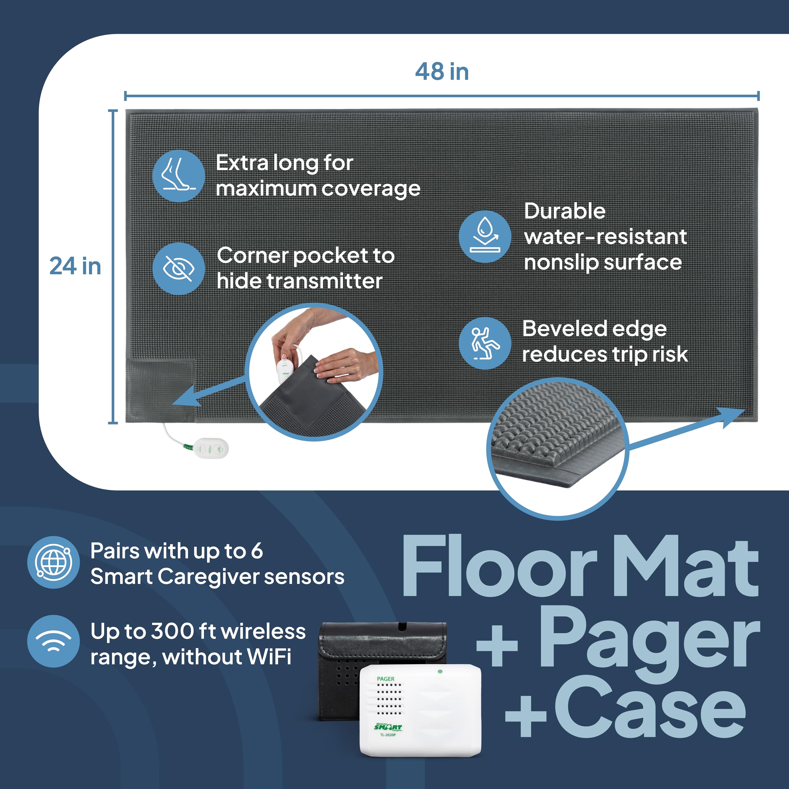 Smart Caregiver Floor Mat Alarm and Pager System - Includes Wireless Pager That Alerts When Someone Steps on The Durable 24in x 48in Floor Mat Sensor thumbnail 4