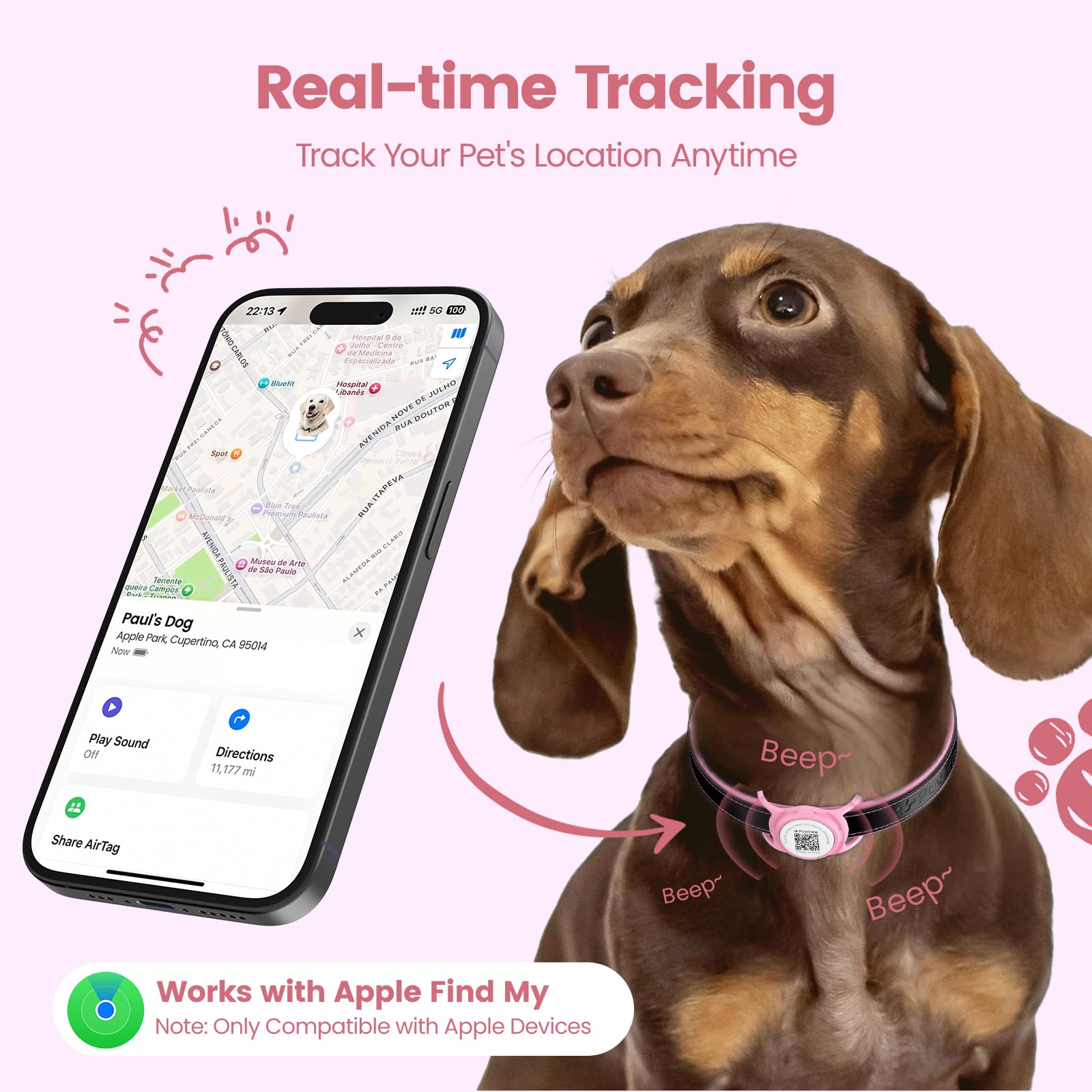 Smart Pet Tracker for Collar - Dog Trackers Location for Pet with Holder, No Monthly Fee, Real-Time Tracking, iOS Only, Emergency Contact, Long-Lasting, Anti-Lost Tracker for Cats, Bag Straps,Black thumbnail 3