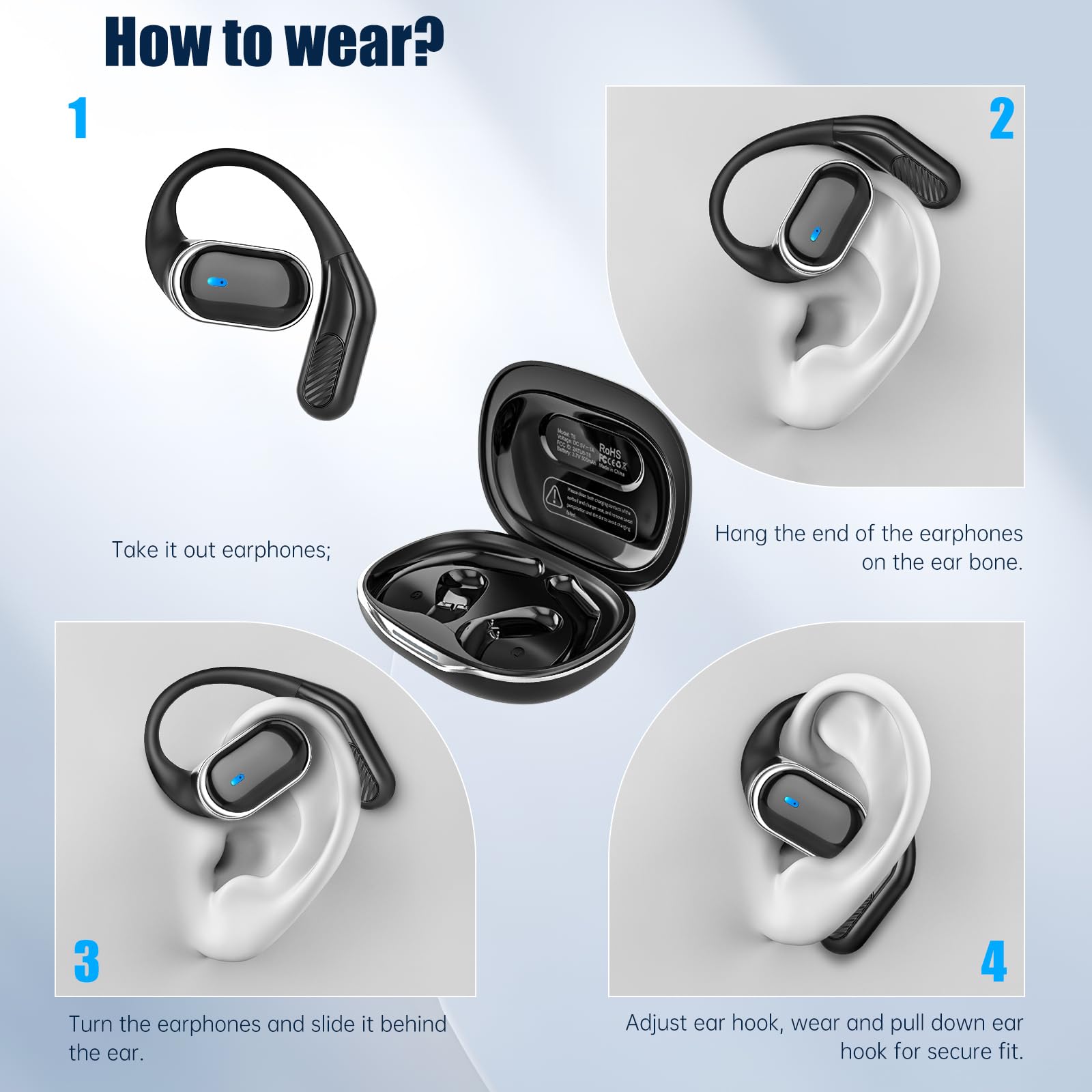TRAUSI Open Ear Wireless Earbuds Bluetooth Headphones, 50Hrs Playtime Stereo Sound Earphones with IPX7 Waterproof Ear Buds for Fitness/Travel/Workouts (Black) thumbnail 4