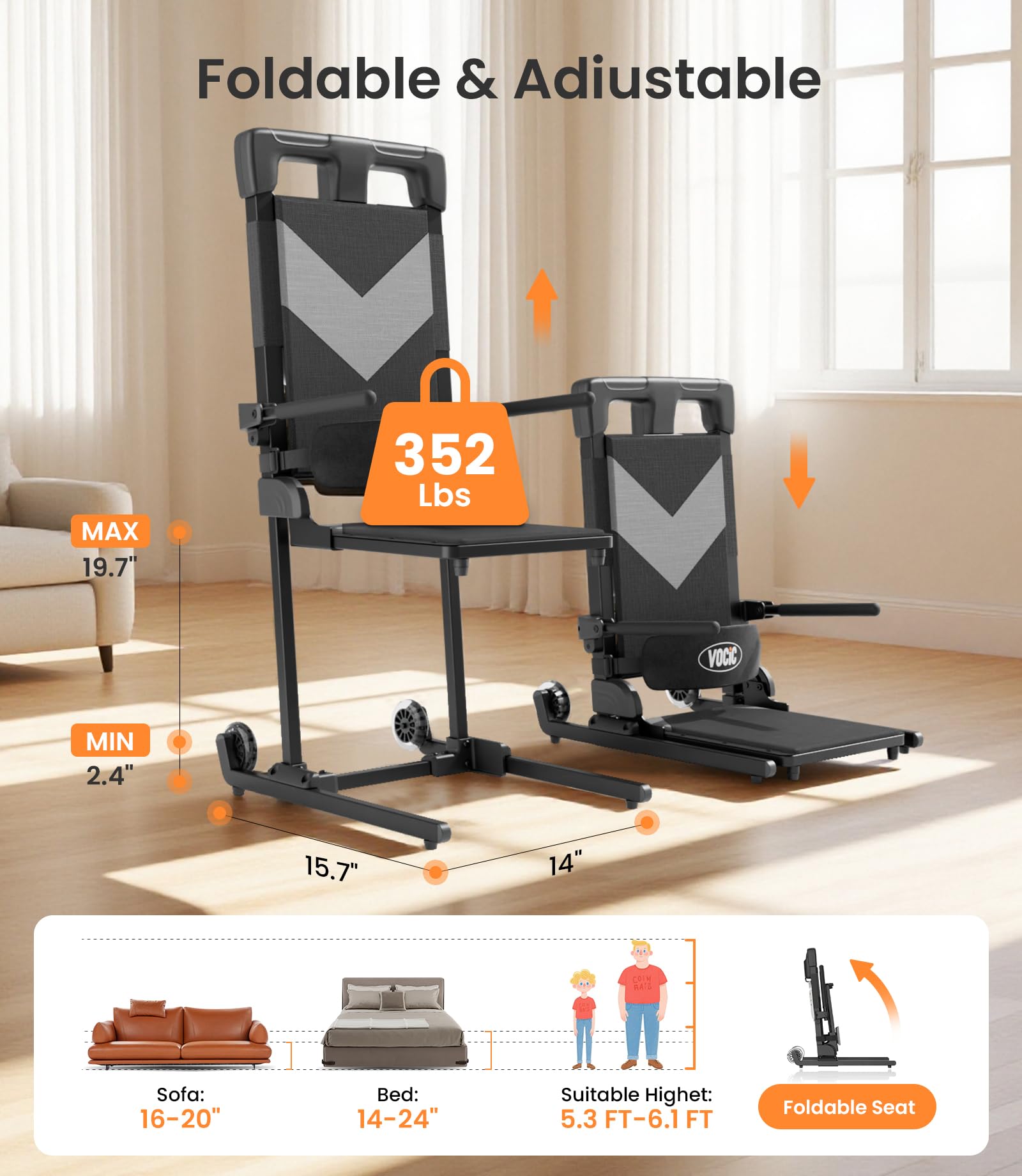 VOCIC Electric Chair Lift with Large Wheels, Ultra-Compact Chair Lift with T-Stabilized Base, Easy Mobility Design for Women &amp; Seniors, Helps Stand from Floor, Supports 350 LBS, AX25 thumbnail 5