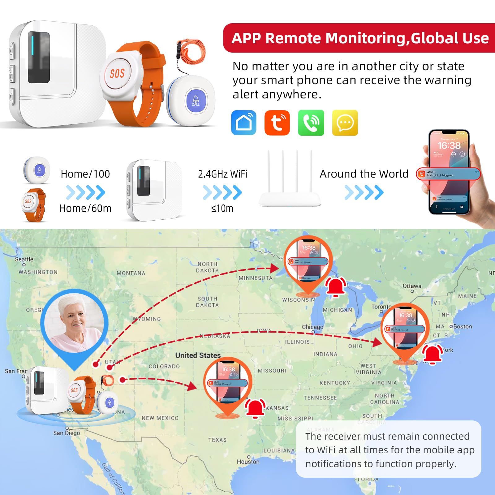 CallToU Wi-Fi Wireless Caregiver Pager Call Button for Elderly at Home , APP Emergency Alert for Seniors, Patients, and The Disabled (TY01WH-06W 3-1) thumbnail 3