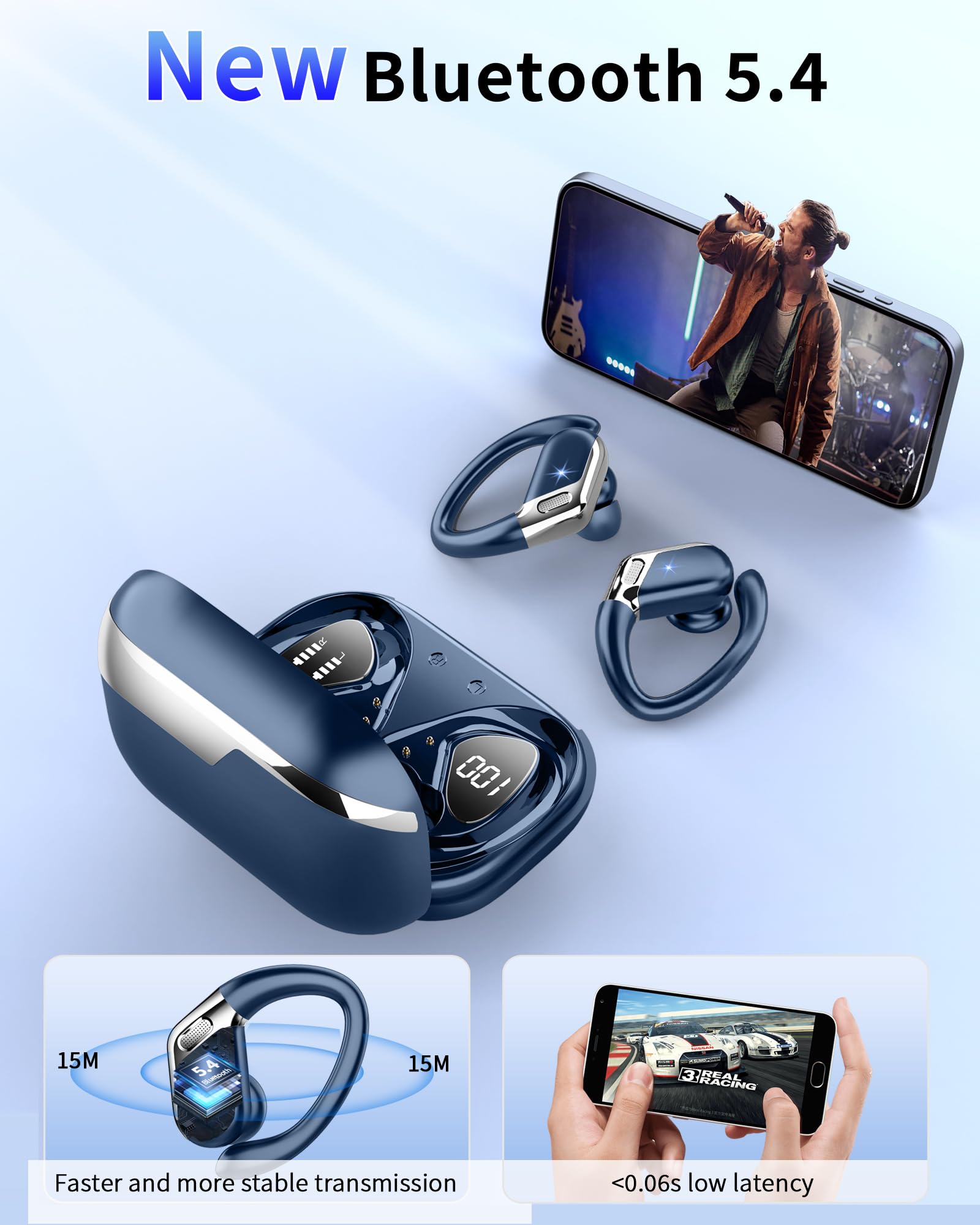 Ear buds Wireless Earbuds, Bluetooth 5.4 headphones Sport 2025 Noise Cancelling, Running Headphones 50 Hrs, Over Ear Earbuds with Ear Hooks, Bluetooth Earphones with Mic/IP7 Waterproof for Android iOS thumbnail 2