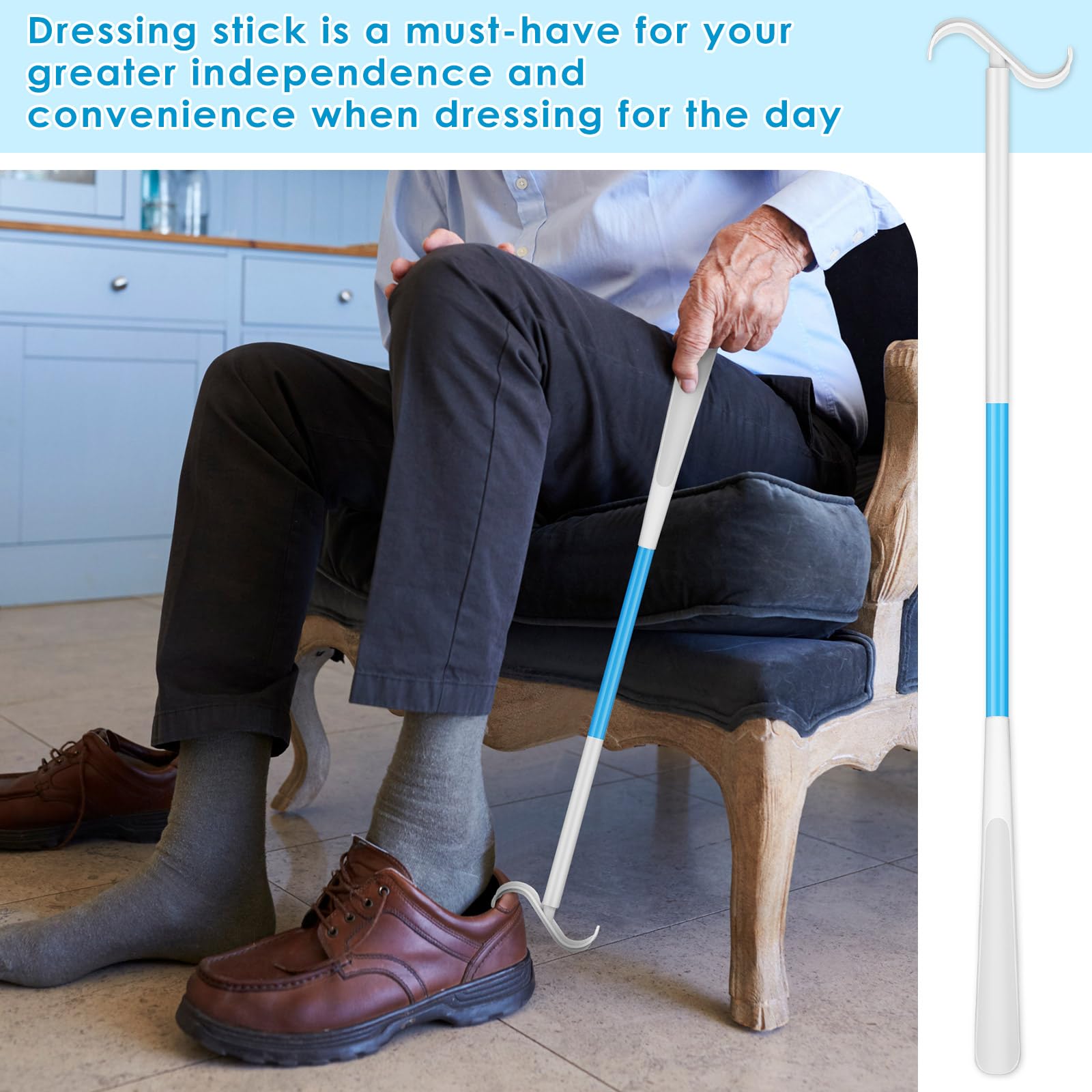 Geelin 4 Pcs 35'' Extra Long Dressing Stick, Handled Shoe Horn for Elderly, Disabled, Limited Mobility, Hip Replacement Recovery, Shoulder and Knee Surgery, Helps Getting Dressed Without Bending thumbnail 3