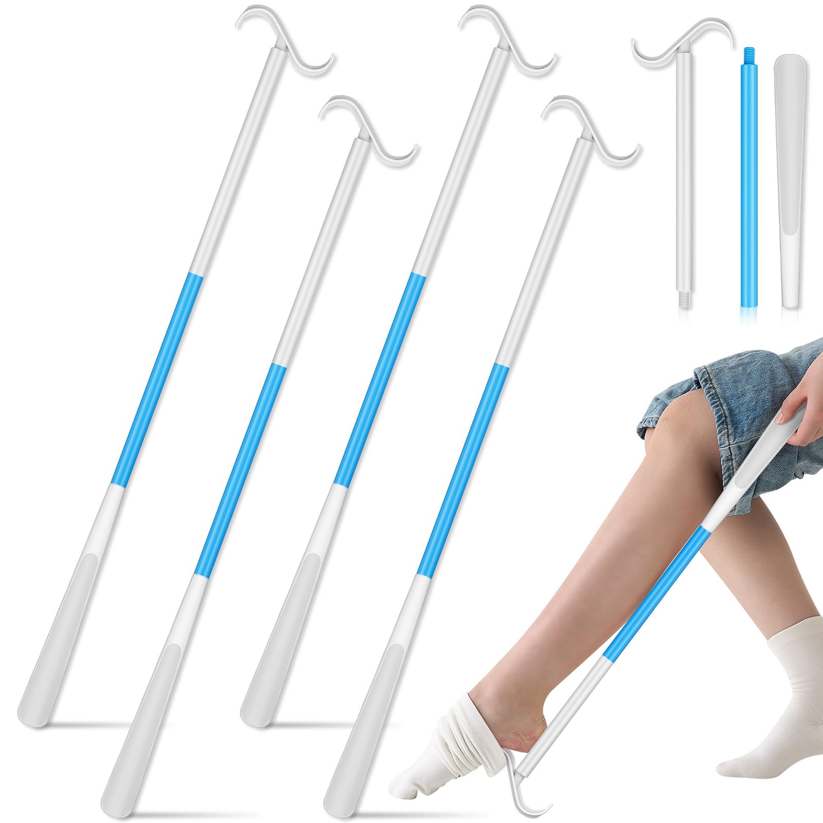 Geelin 4 Pcs 35'' Extra Long Dressing Stick, Handled Shoe Horn for Elderly, Disabled, Limited Mobility, Hip Replacement Recovery, Shoulder and Knee Surgery, Helps Getting Dressed Without Bending image 1