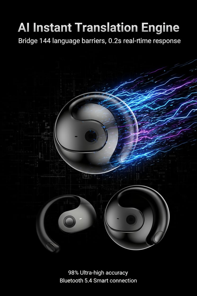 JONZEN AI Language Translation Earphones, Open Wireless Bluetooth Headset, Real time 144 Language Translation Earplug OWS, Type-C Charging Port, Suitable for Sports Travel Office Games (Black) thumbnail 2