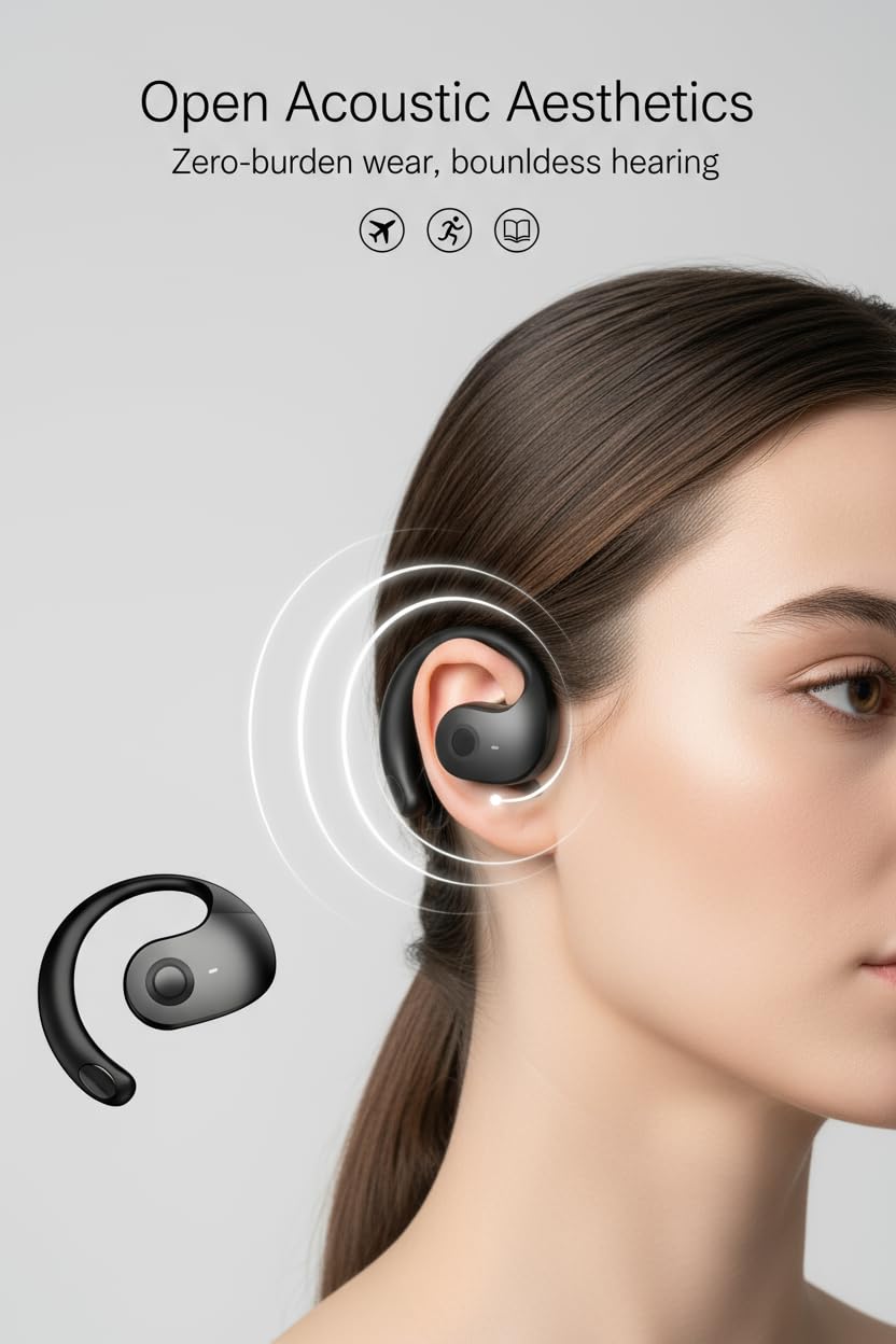 JONZEN AI Language Translation Earphones, Open Wireless Bluetooth Headset, Real time 144 Language Translation Earplug OWS, Type-C Charging Port, Suitable for Sports Travel Office Games (Black) thumbnail 3