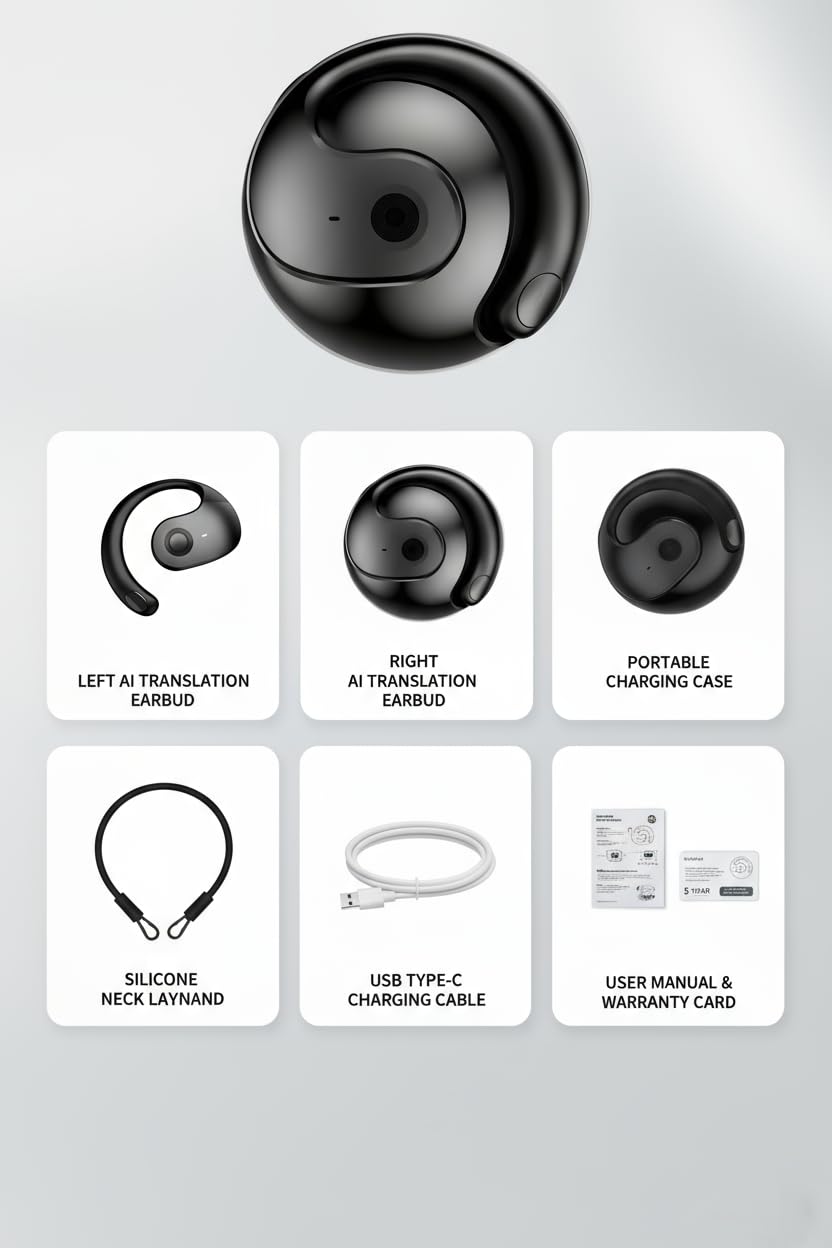 JONZEN AI Language Translation Earphones, Open Wireless Bluetooth Headset, Real time 144 Language Translation Earplug OWS, Type-C Charging Port, Suitable for Sports Travel Office Games (Black) thumbnail 4