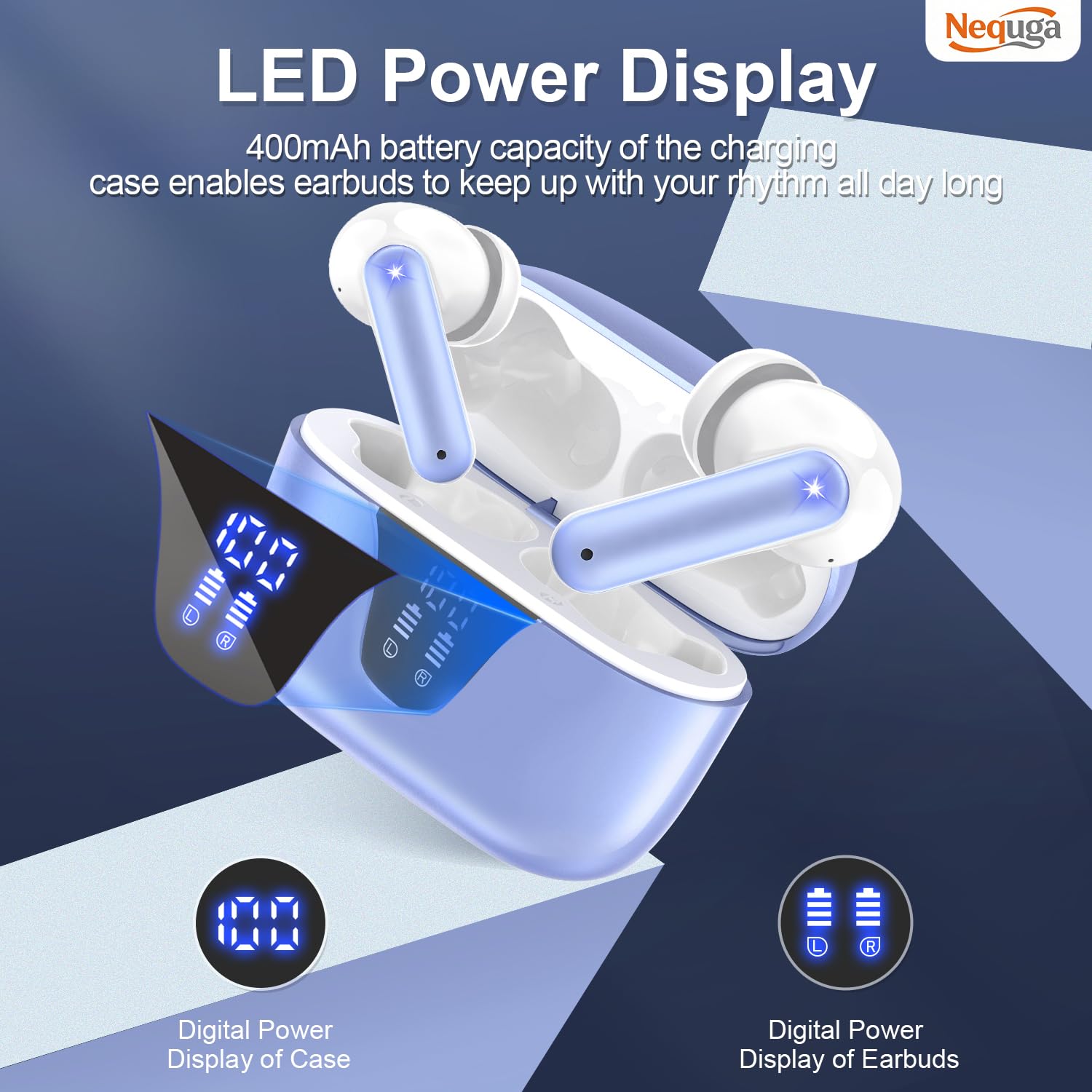 Nequga Wireless Earbuds Bluetooth Headphones, 50H Playtime Ear Buds with Mic, LED Digital Display Charging Case, IPX7 Waterproof, Deep Bass Stereo, in-Ear Earphone for iPhone Andriod Phone thumbnail 2