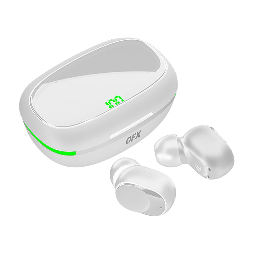 Splashproof Bluetooth 5.3 TWS Earbuds with LED Display Charging Case, Touch Controls, 10mm Drivers, USB-C Fast Charging – 3 Gel Tip Sizes Included – QFX HP-E110 – White thumbnail 2