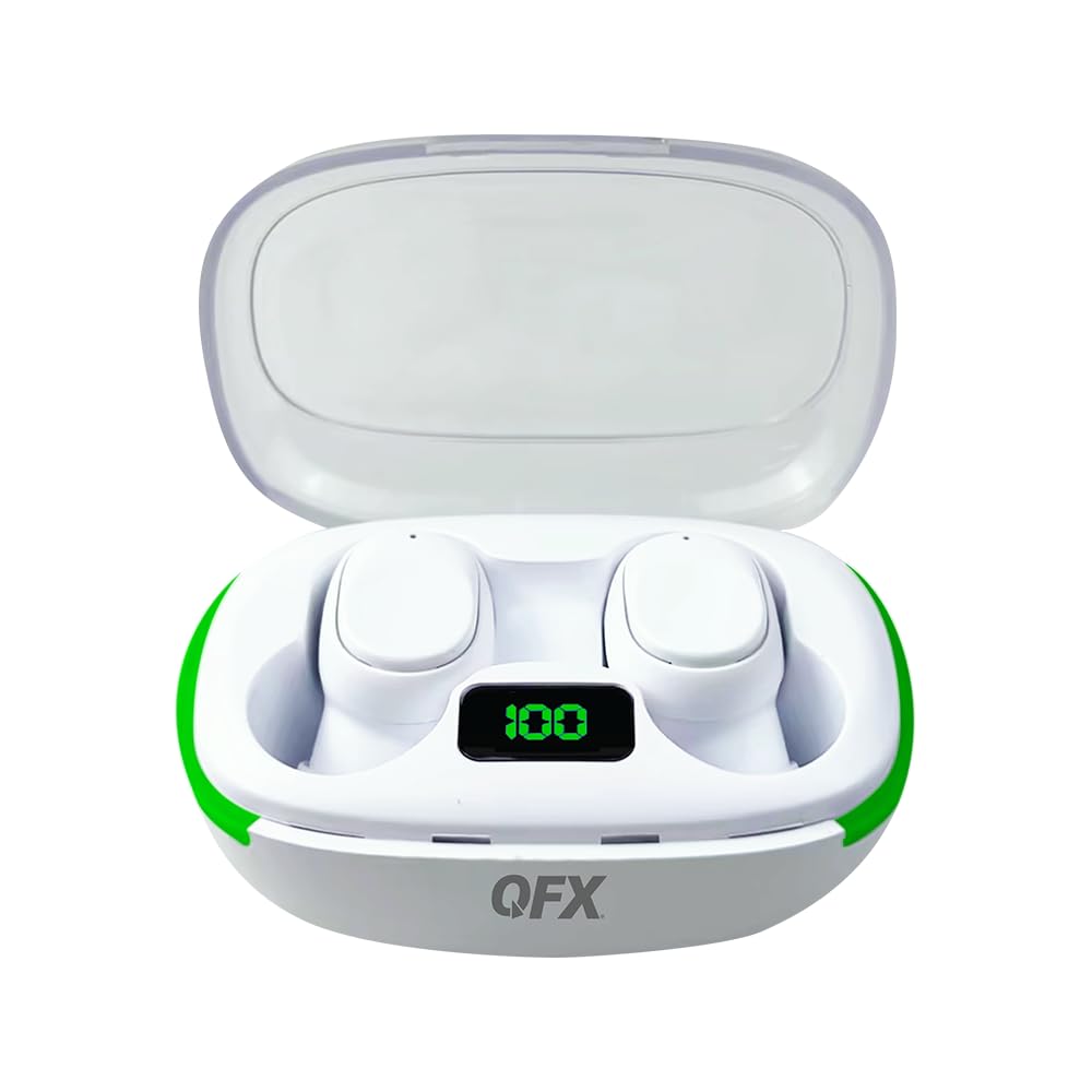 Splashproof Bluetooth 5.3 TWS Earbuds with LED Display Charging Case, Touch Controls, 10mm Drivers, USB-C Fast Charging – 3 Gel Tip Sizes Included – QFX HP-E110 – White thumbnail 3