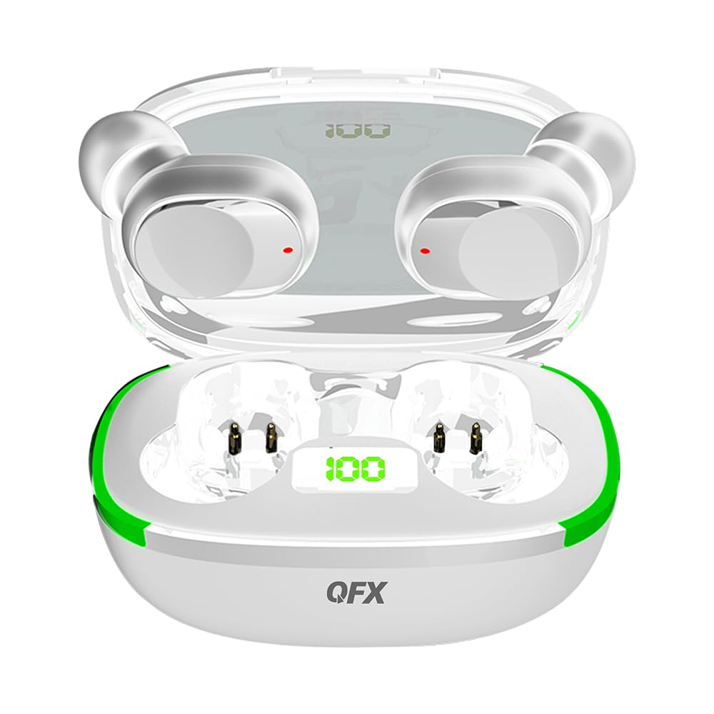 Splashproof Bluetooth 5.3 TWS Earbuds with LED Display Charging Case, Touch Controls, 10mm Drivers, USB-C Fast Charging – 3 Gel Tip Sizes Included – QFX HP-E110 – White image 1