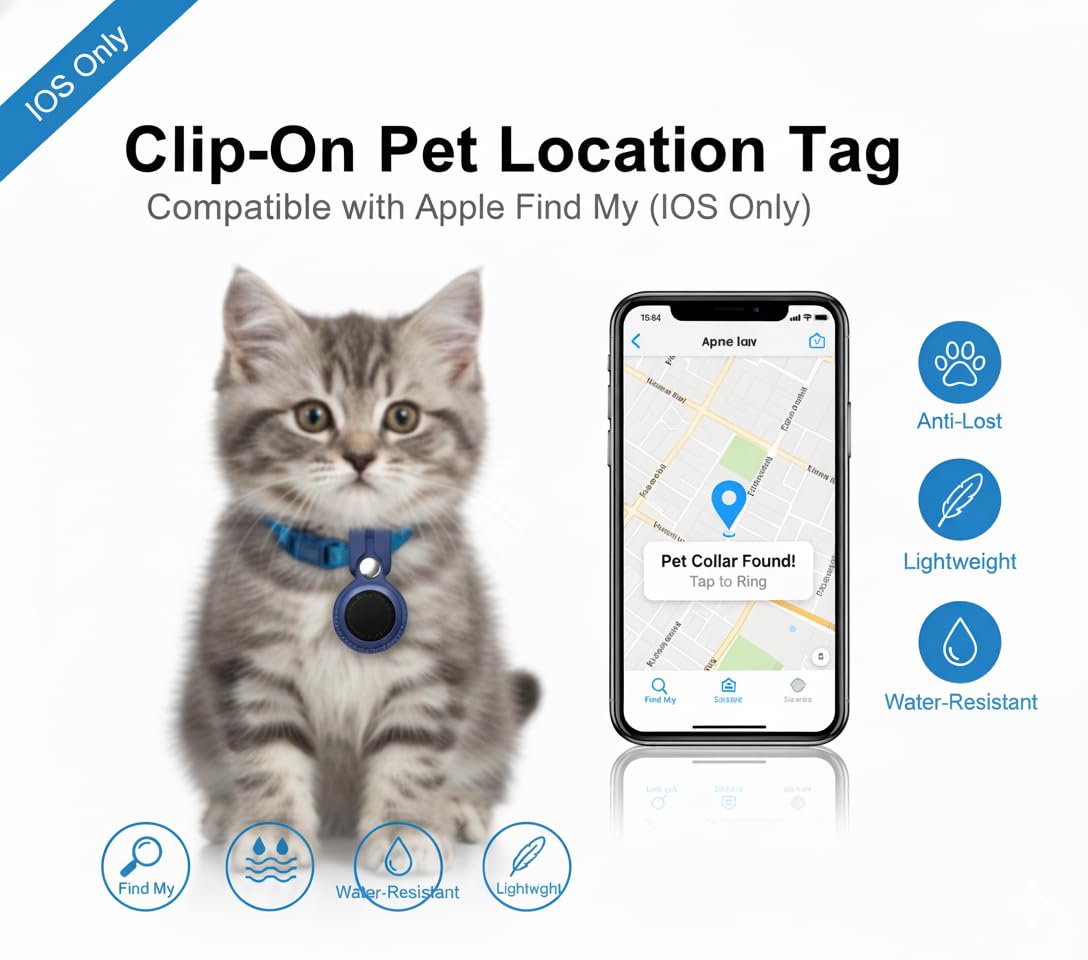 Clip-On Pet Location Tag with Holder – Compatible with Apple Find My (iOS Only), Anti-Lost Hanging Design, Lightweight &amp; Water-Resistant Case for Cats, Collars, Bags (Blue) thumbnail 2