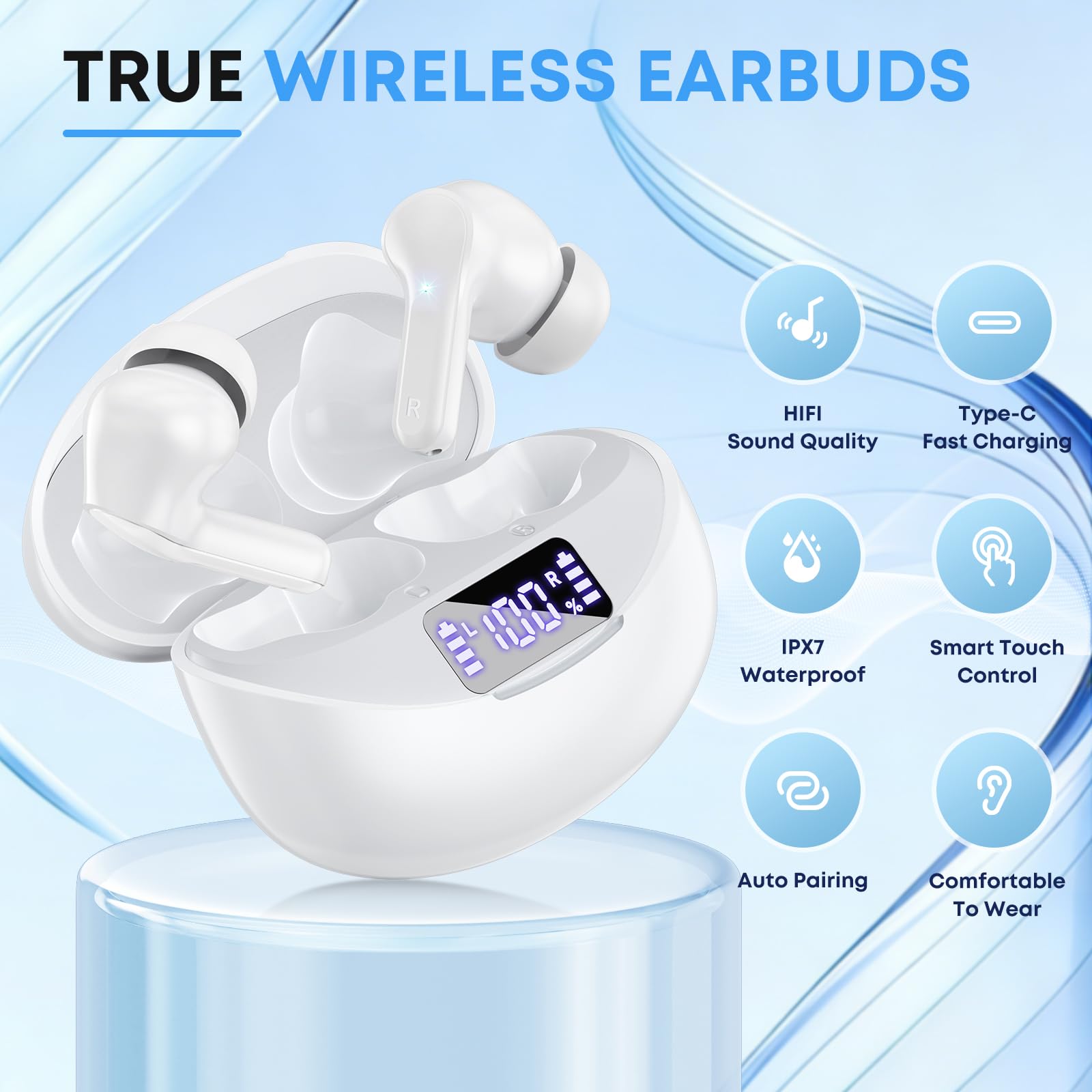 Fhumsh Wireless Earbuds, Bluetooth 5.4 HiFi Stereo Headphones with Noise Cancelling Mic, 50H Playback in Ear Buds with LED Digital Display, IPX7 Waterproof Earphones for Office/Running/Workout White thumbnail 2