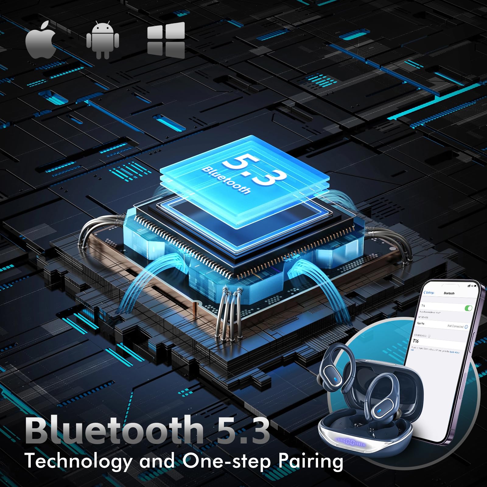 HAOYUYAN Wireless Earbuds Bluetooth 5.3 Headphones with 80H Playback, IPX7 Waterproof Over Ear Buds with LED Power Display for Sports Running Workouts (Blue) thumbnail 3