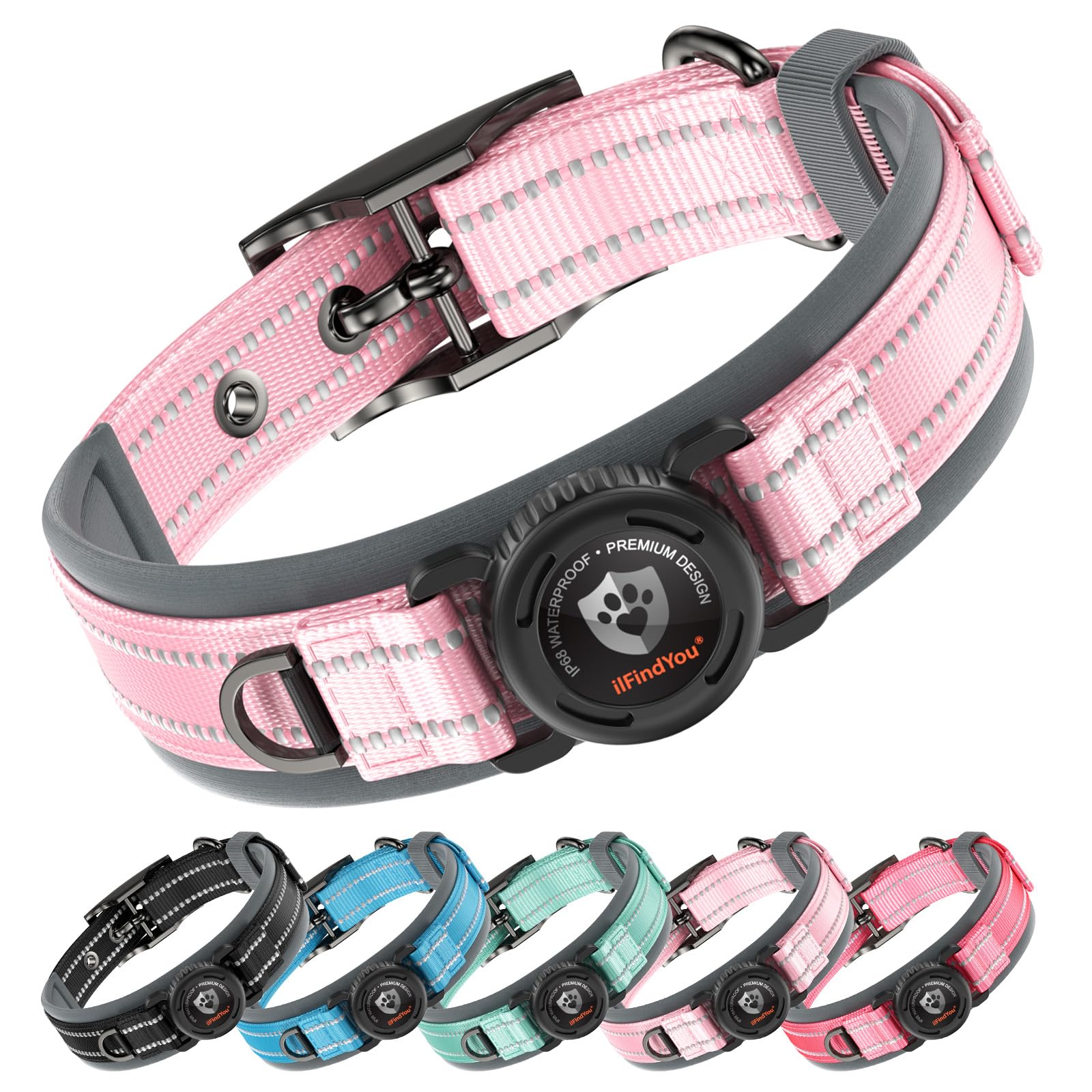 ilFindYou Upgraded AirTag Dog Collar with Holder, Waterproof Reflective Air Tag Dog Collar with Widened Comfortable Padding &amp; Ultra-Durable Metal Buckle, Adjustable for Extra Large Dogs (XL, Pink) thumbnail 2