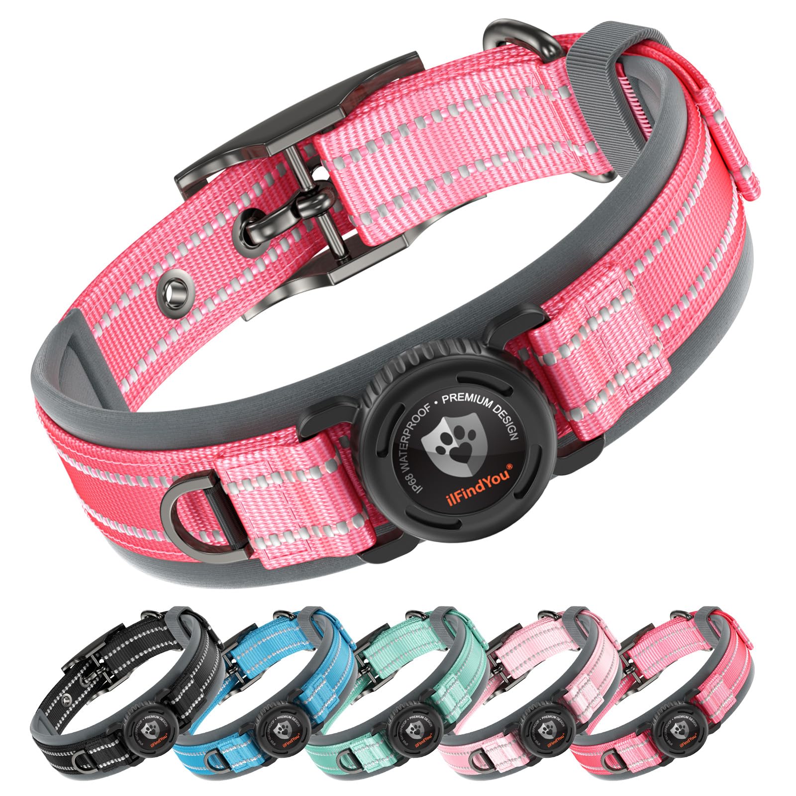 ilFindYou Upgraded AirTag Dog Collar with Holder, Waterproof Reflective Air Tag Dog Collar with Widened Comfortable Padding &amp; Ultra-Durable Metal Buckle, Adjustable for Extra Large Dogs (XL, Pink) thumbnail 4