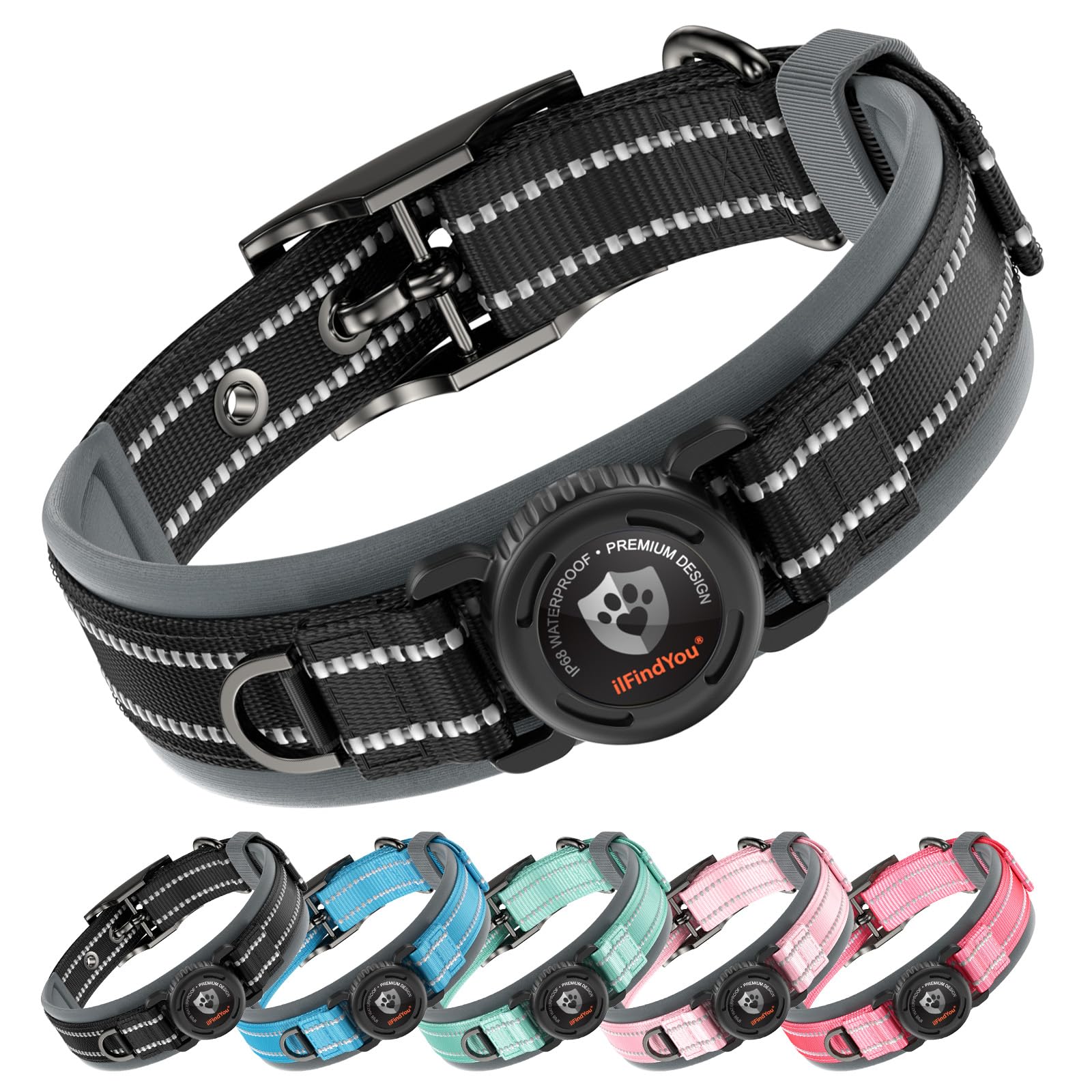 ilFindYou Upgraded AirTag Dog Collar with Holder, Waterproof Reflective Air Tag Dog Collar with Widened Comfortable Padding &amp; Ultra-Durable Metal Buckle, Adjustable for Large Dogs (L, Pink) thumbnail 4