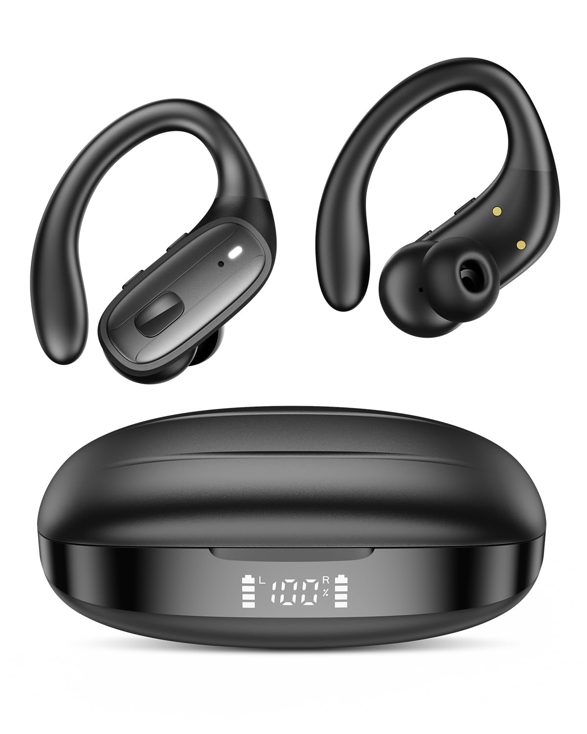 LEEMC Wireless Earbuds, Bluetooth Headphones 5.4, Ear Buds with Hooks for Sports, 80Hr Playtime Earphones, LED Display, IPX7 Waterproof Headset for Workout Running, Charcoal image 1