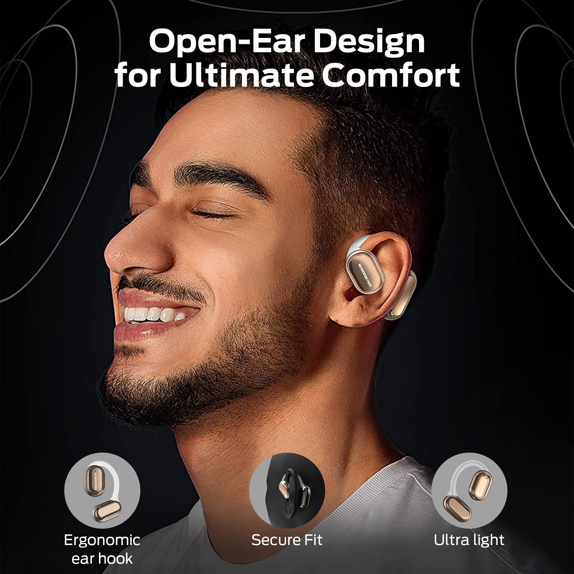 Monster Open Free AC100 Open Ear Bluetooth 5.3 Headphones, Wireless Earbuds with Earhooks, Immersive Stereo Sound by 16mm Large Driver, Clear Calls, 30H Playtime, for Workout, White thumbnail 2