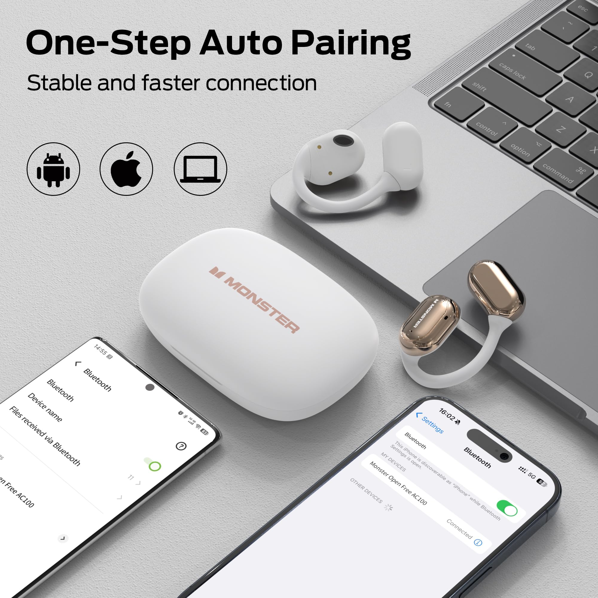 Monster Open Free AC100 Open Ear Bluetooth 5.3 Headphones, Wireless Earbuds with Earhooks, Immersive Stereo Sound by 16mm Large Driver, Clear Calls, 30H Playtime, for Workout, White thumbnail 5