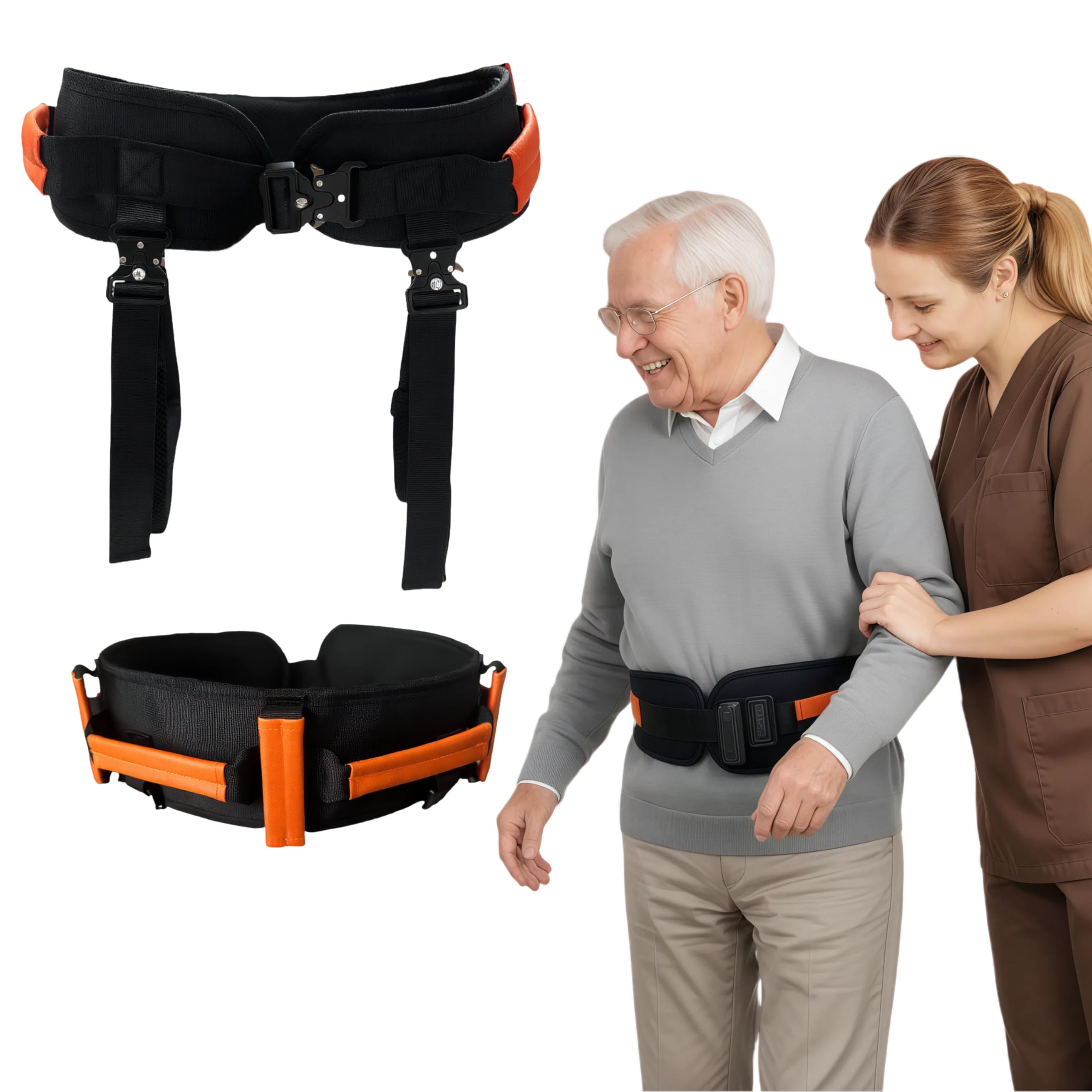 NurtureCare Upgraded Gait Belt with Metal Buckle, Transfer Belt with Handles and Leg Straps, Lift Belt for Seniors, Walking Support, Mobility and Elderly Assistance (Orange, Medium) image 1