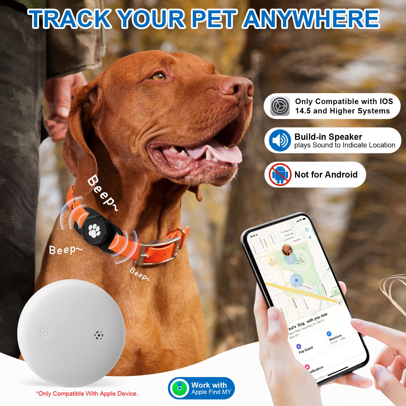 Smart Pet Tracker for Collar - Dog Trackers Pet Location Tracker with Holder, No Monthly Fee, Compatible with Apple Airtag Find My (iOS Only, Not for Android), Anti-Lost Device for Pets, Bag Straps thumbnail 2