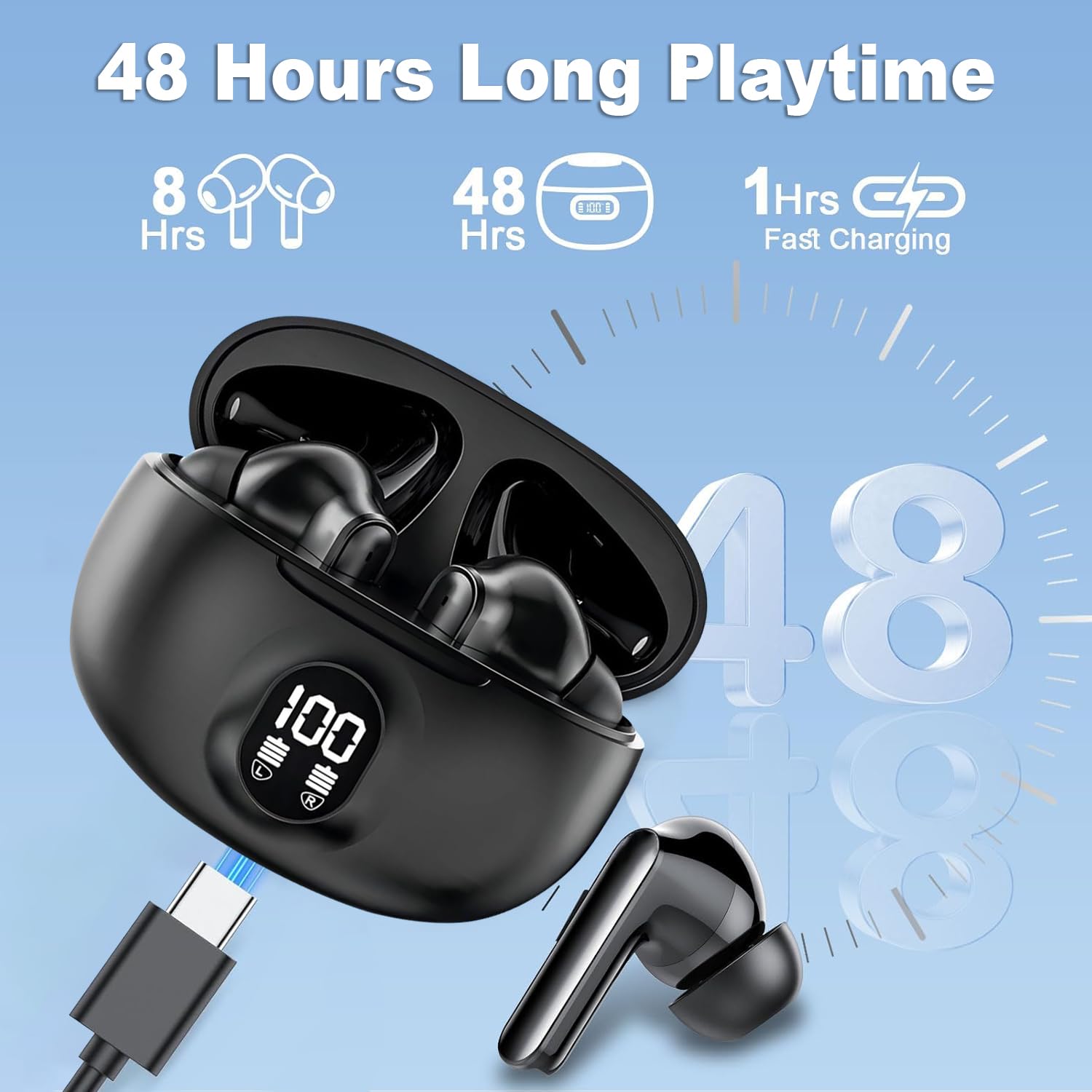 Wireless Earbuds, Bluetooth 5.4 Headphones Stereo Deep Bass, Wireless Noise Cancelling Headphones with Mic, 48H Playtime, Touch Control, IPX8 Waterproof in-Ear Earphones for iPhone iOS Android Phone thumbnail 5