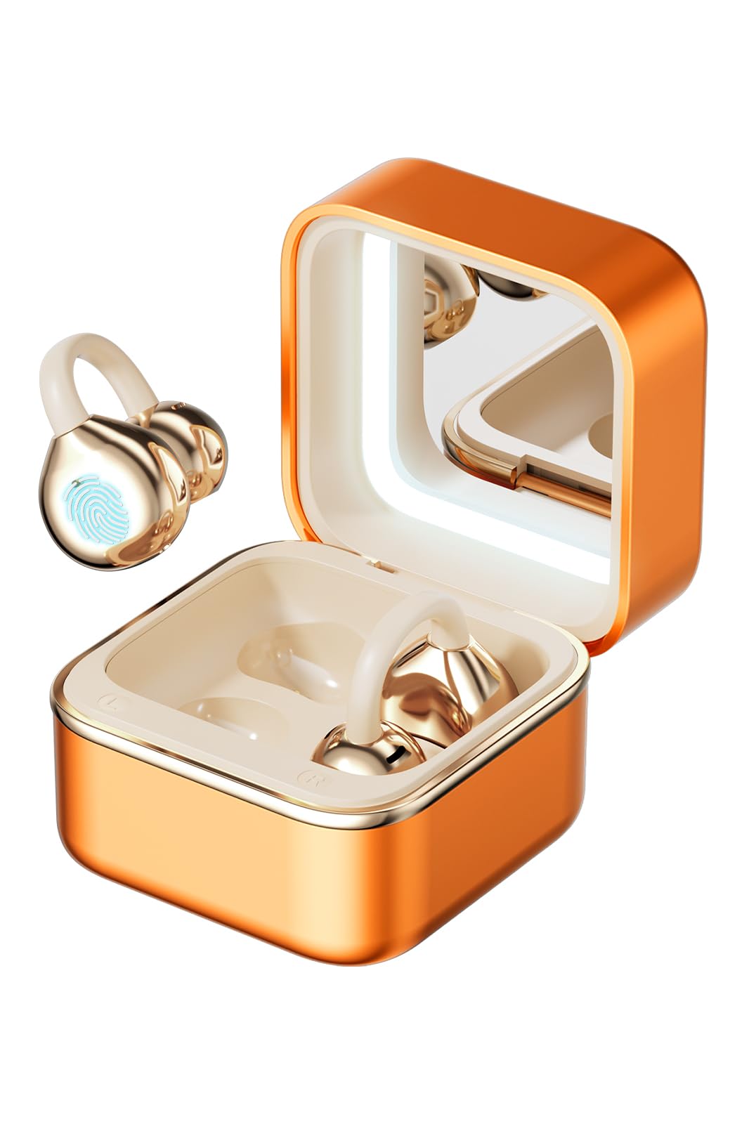 Clip on Earbuds Open Ear Headphones, Wireless Bluetooth Earbuds 6.0 with Makeup Mirror LED Light, 50H Playtime, Over Ear buds Comfortable for Women Gifts, Sports, Workouts and Glasses Wearers Orange thumbnail 2