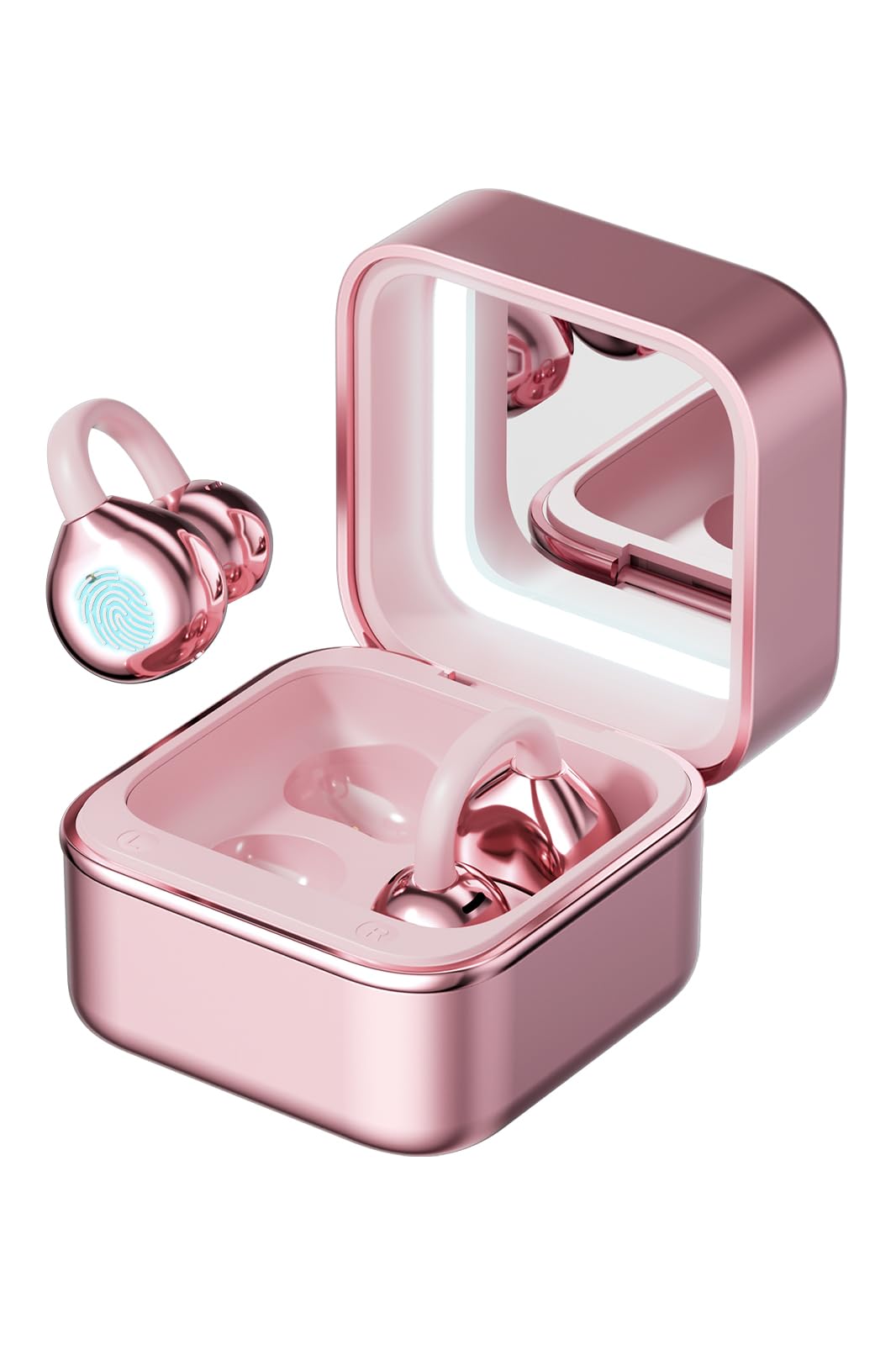 Clip on Earbuds Open Ear Headphones, Wireless Bluetooth Earbuds 6.0 with Makeup Mirror LED Light, 50H Playtime, Over Ear buds Comfortable for Women Gifts, Sports, Workouts and Glasses Wearers Orange image 1