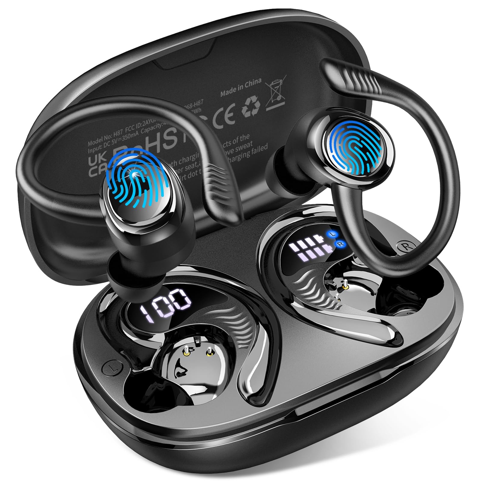 Hupoaf Wireless Earbuds Sport, New Bluetooth 5.4 Headphones with Earhooks, 50H Stereo Deep Bass Over Ear Buds with 4 ENC Noise Canceling Mics, IP7 Waterproof Earphones for Running Workout Gym -Black thumbnail 3